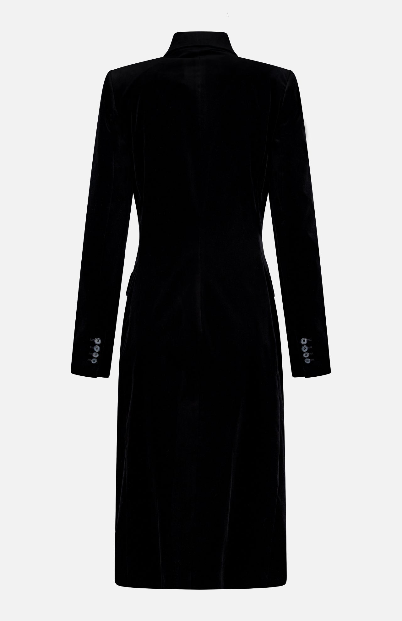 The Rolon Velvet Coat by KHAITE is a black, long-sleeved, tailored-fit coat crafted from cotton velvet, featuring refined button detailing on the cuffs and a straight back—an elegant choice for any minimalist wardrobe. Shown against a plain white background.