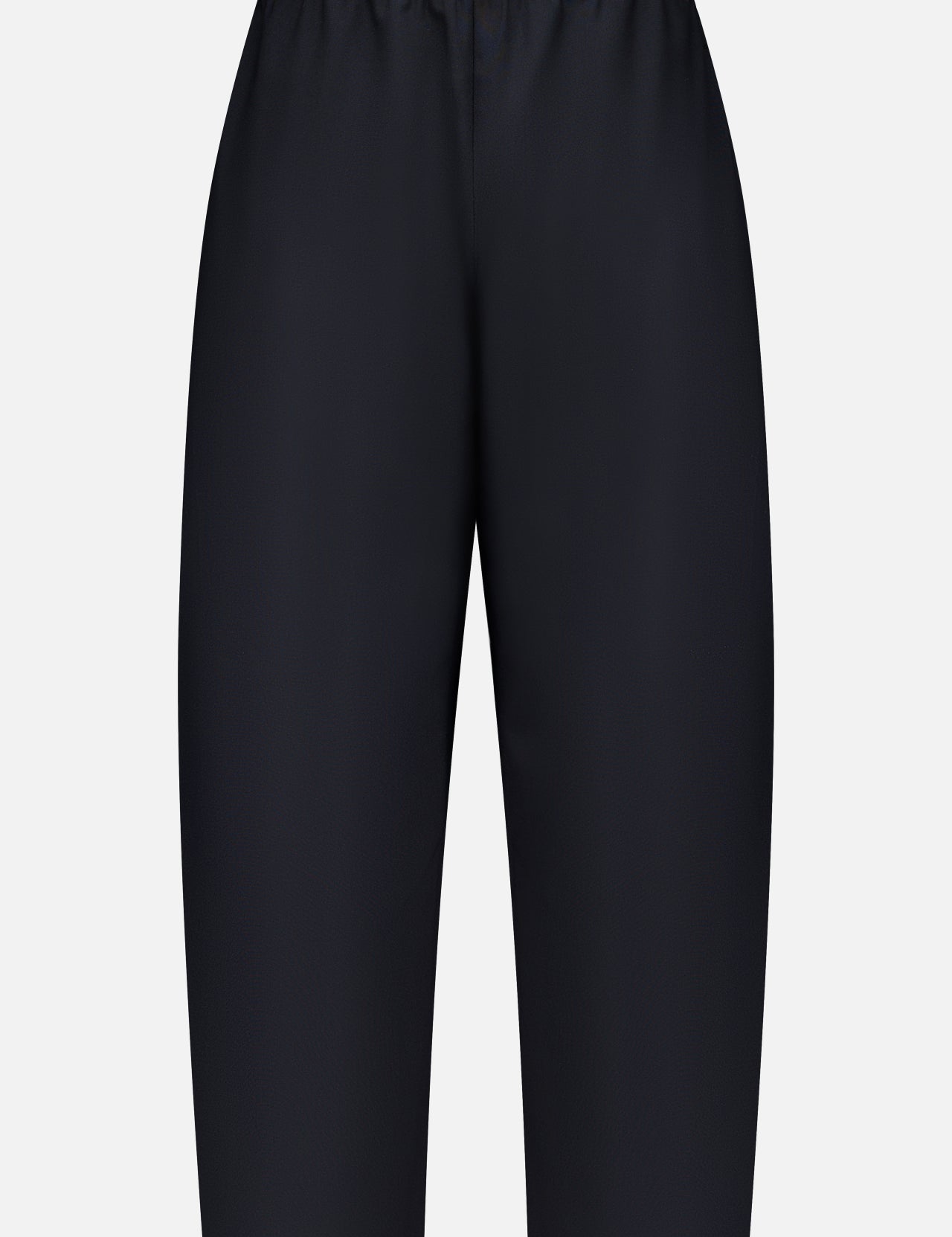 The KHAITE Roma Cropped Pull-on Pant is a pair of plain black, loose-fitting pants made from lightweight wool suiting with an elastic waistband and no visible pockets, shown on a white background.