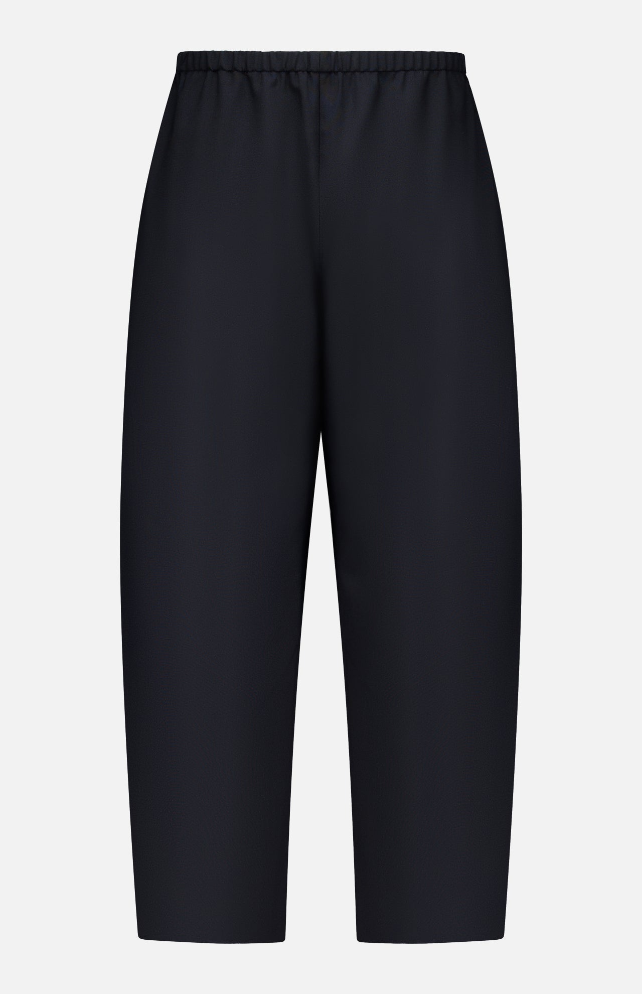 The KHAITE Roma Cropped Pull-on Pant is a pair of plain black, loose-fitting pants made from lightweight wool suiting with an elastic waistband and no visible pockets, shown on a white background.
