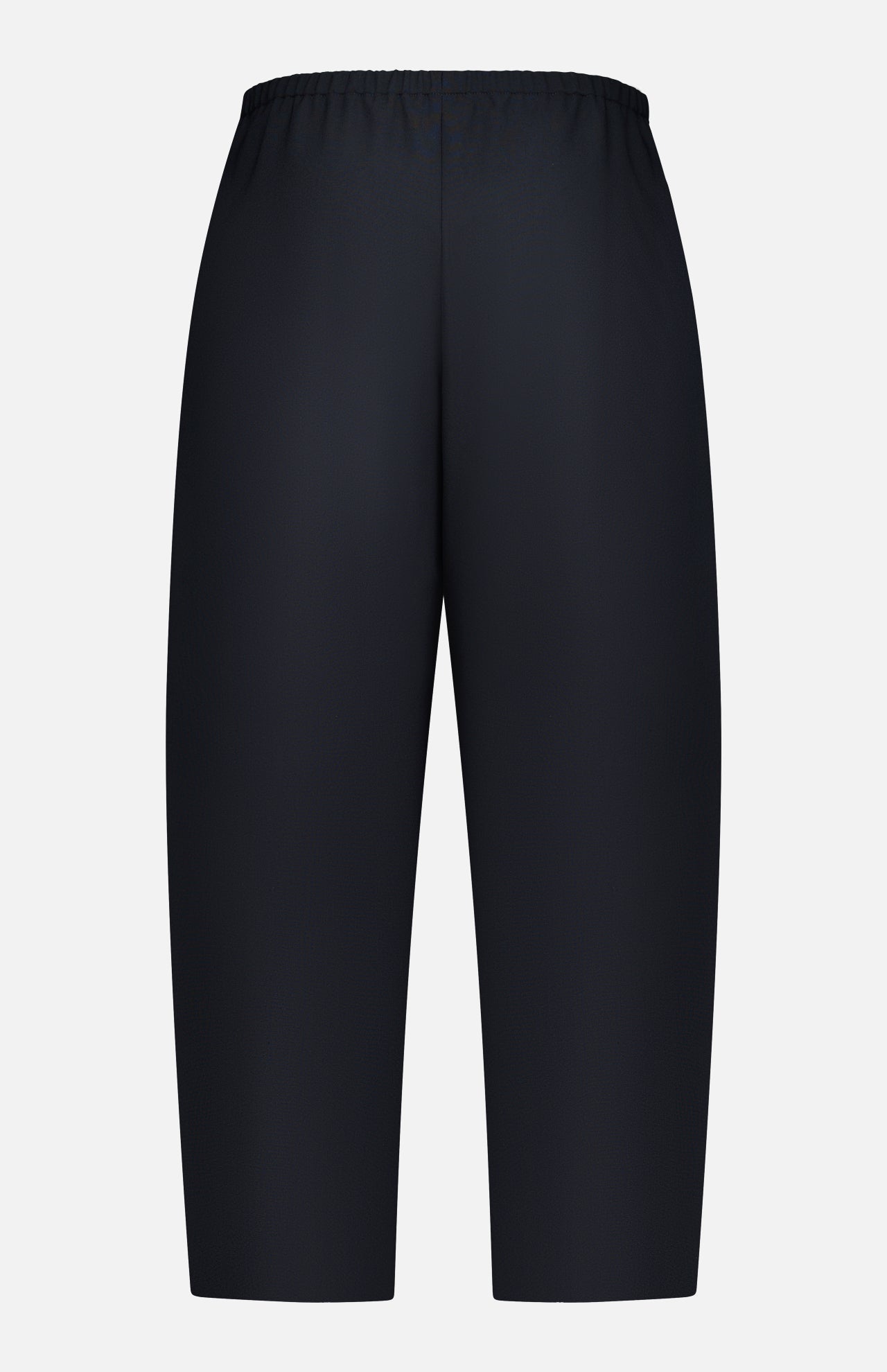The KHAITE Roma Cropped Pull-on Pant is shown from the back, featuring a plain black design with an elastic waistband, straight leg cut, and lightweight wool suiting—no visible pockets or embellishments.