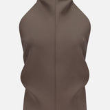 The KHAITE Rone Open Back Halter Top is a sleeveless, high-neck brown top made from smooth double-faced crepe, featuring a sculptural draped silhouette and a vertical central seam for a structured look.