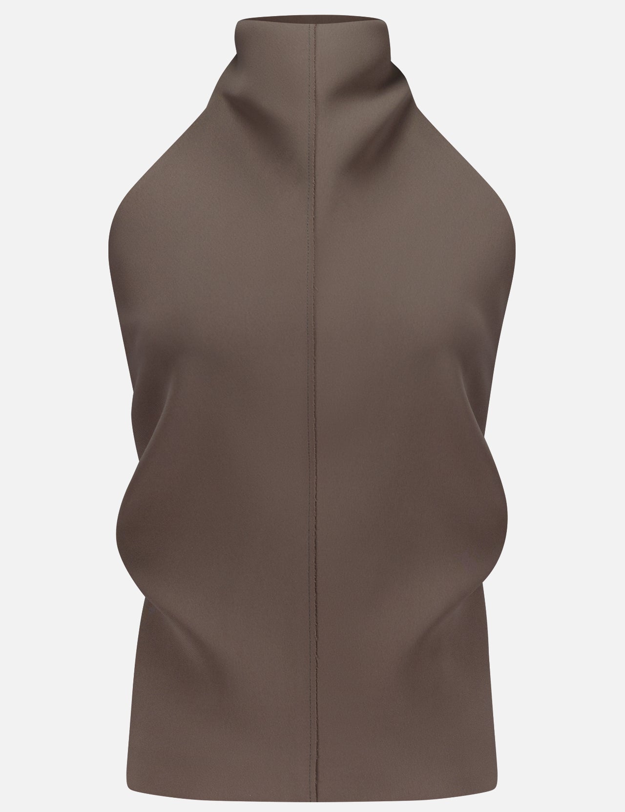 The KHAITE Rone Open Back Halter Top is a sleeveless, high-neck brown top made from smooth double-faced crepe, featuring a sculptural draped silhouette and a vertical central seam for a structured look.