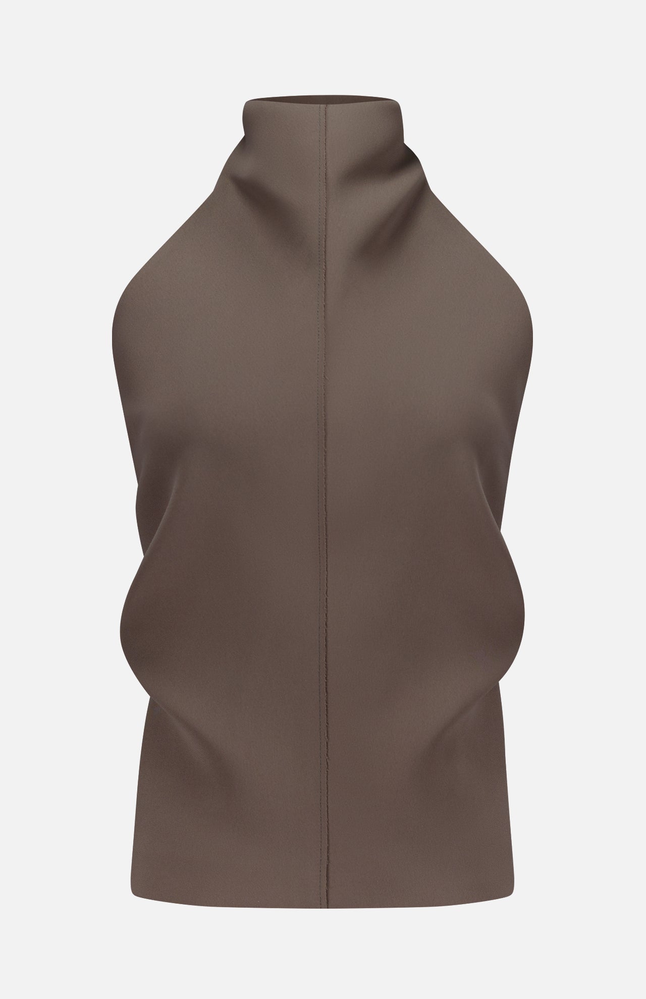 The KHAITE Rone Open Back Halter Top is a sleeveless, high-neck brown top made from smooth double-faced crepe, featuring a sculptural draped silhouette and a vertical central seam for a structured look.