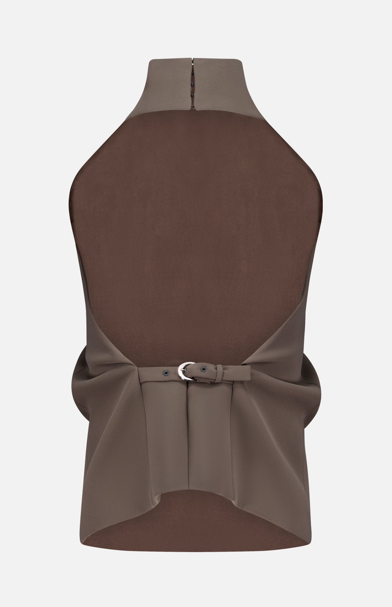 The Rone Open Back Halter Top by KHAITE is a sleeveless brown double-faced crepe piece with a high neckline, asymmetrical hem, back zipper, gathered open back, and wide waist belt with silver buckle.