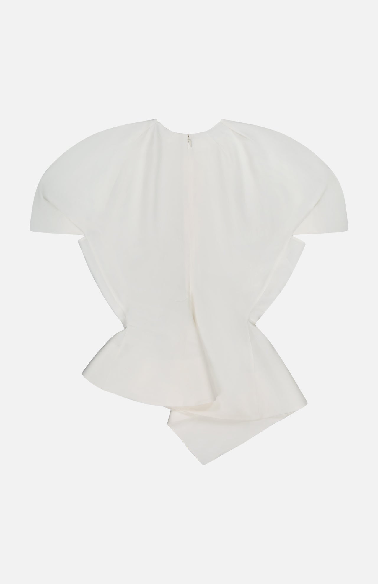 The Rumi Asymmetric Hem Top by KHAITE is a white, short-sleeve blouse crafted from a linen-viscose-silk blend, featuring exaggerated structured shoulders and an asymmetric hem. Displayed flat on a plain white background, the fabric has a smooth, slightly glossy finish.