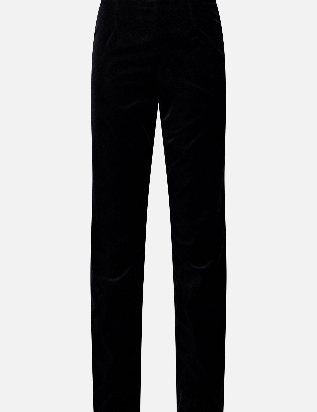 The Ryden Velvet Pant by KHAITE features a straight-leg cut in black velvet, displayed against a plain white background. These high-rise pants offer a smooth texture with no visible buttons or zippers, resulting in a tailored and elegant appearance.