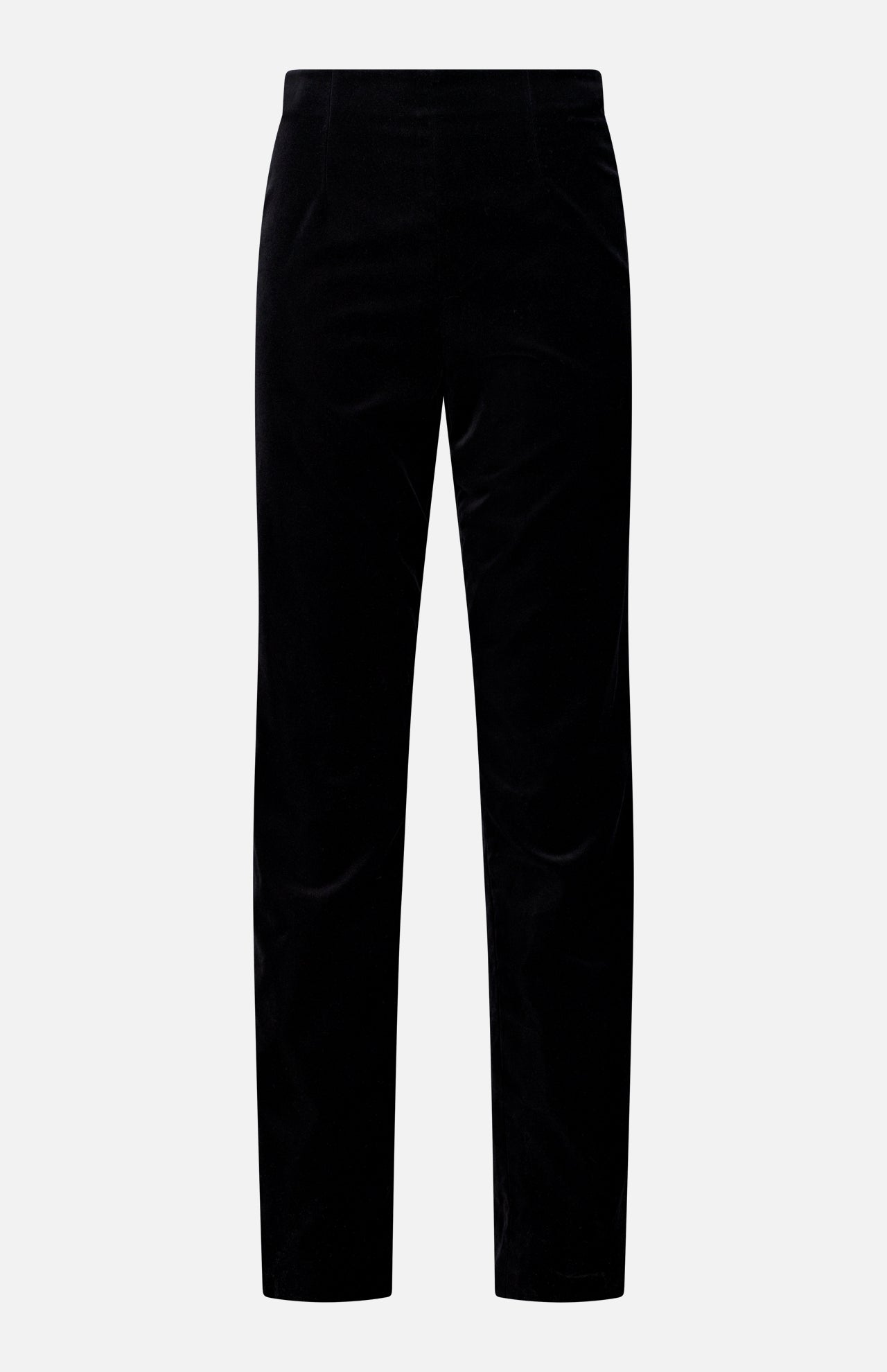 The Ryden Velvet Pant by KHAITE features a straight-leg cut in black velvet, displayed against a plain white background. These high-rise pants offer a smooth texture with no visible buttons or zippers, resulting in a tailored and elegant appearance.