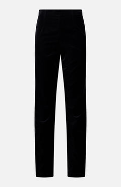 The Ryden Velvet Pant by KHAITE features a straight-leg cut in black velvet, displayed against a plain white background. These high-rise pants offer a smooth texture with no visible buttons or zippers, resulting in a tailored and elegant appearance.