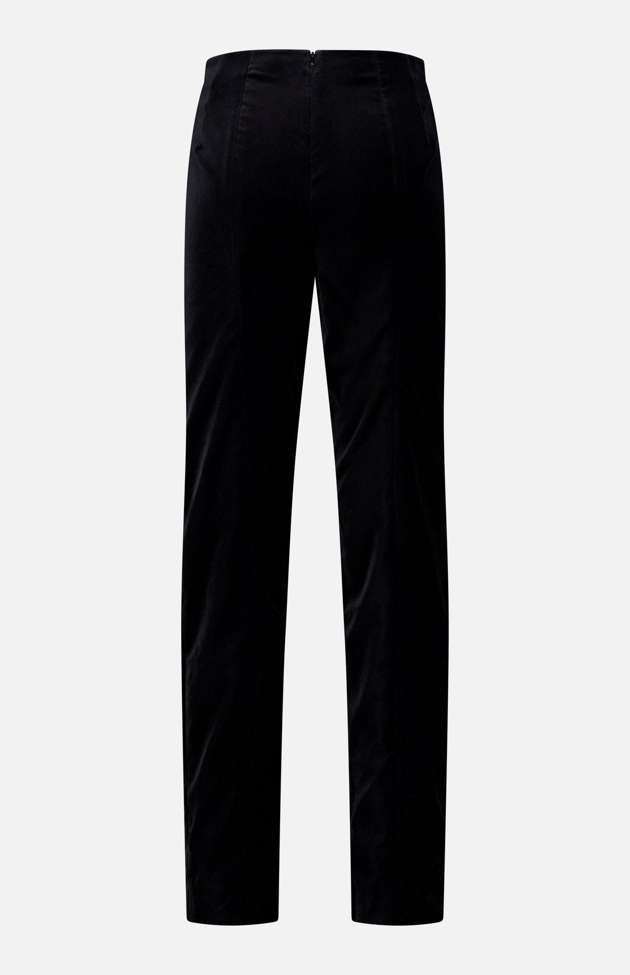 The Ryden Velvet Pant by KHAITE is a pair of high-rise black velvet pants made in Italy, shown from the back with straight legs and a simple design, set against a plain white background.