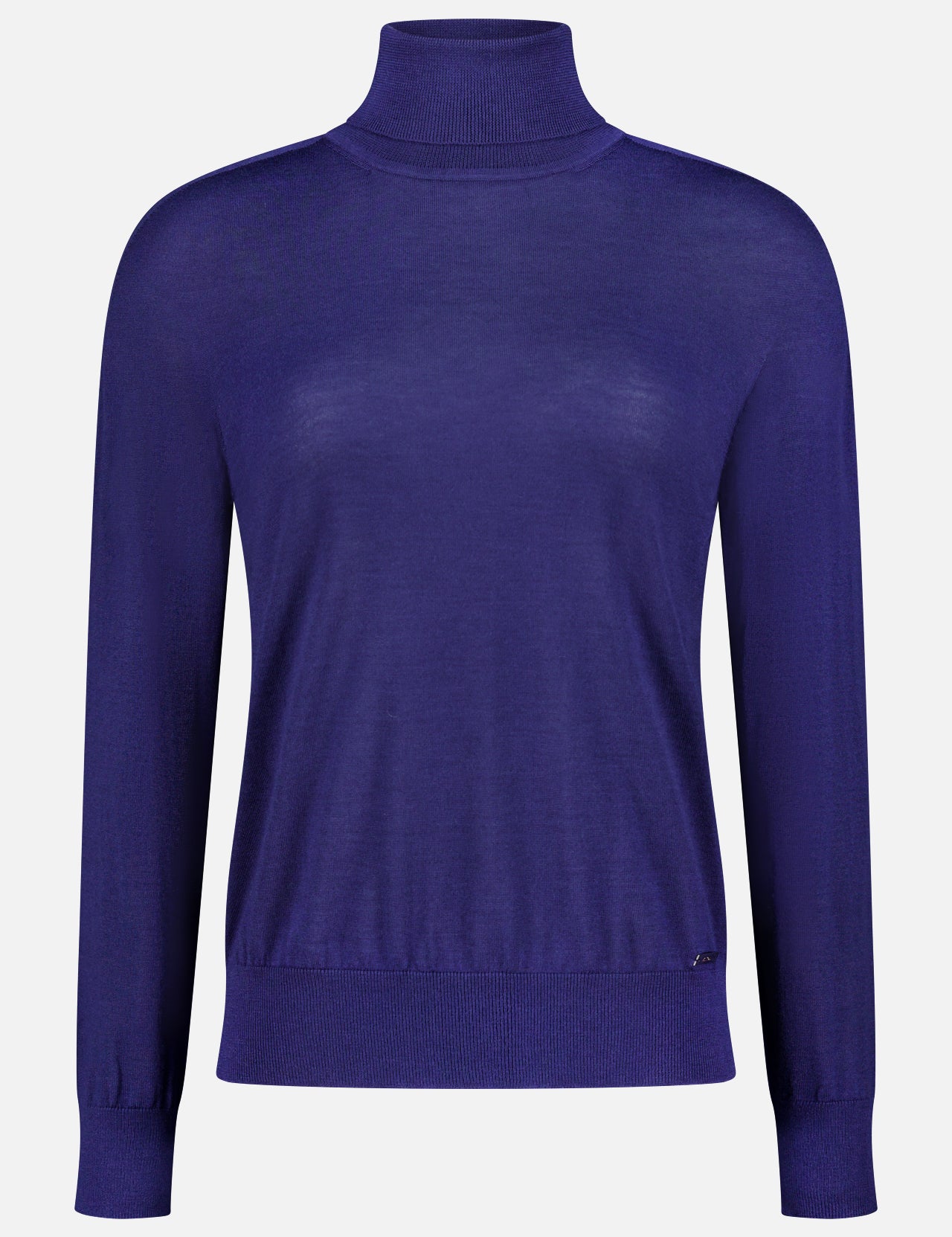 The KITON High Neck Wool Silk Sweater features long sleeves, a royal blue hue, and ribbed cuffs, hem, and neckline. This elegant turtleneck is displayed on a plain white background.