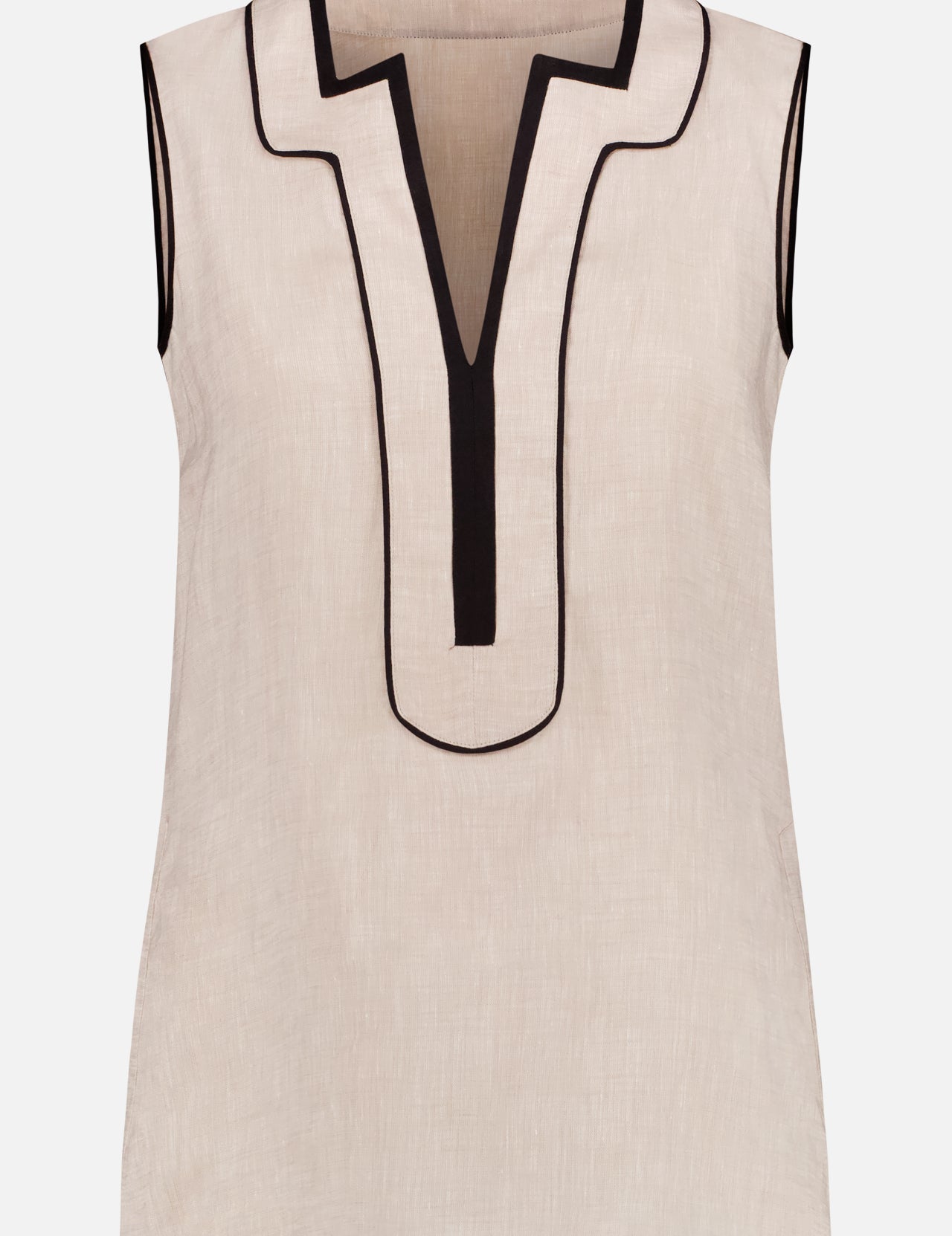The KITON Notch Neckline Linen Shirt is a sleeveless beige top with a deep V-neck and contrasting black trim on the neckline, armholes, hem, and front placket.
