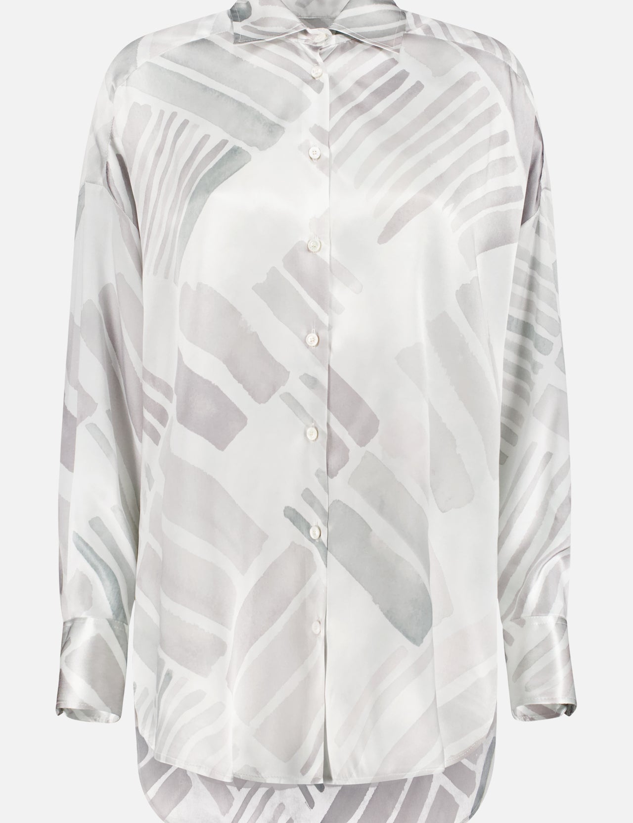 The KITON Oversized Silk Brush Pattern Shirt is a long-sleeved, button-up blouse made in Italy, featuring a relaxed fit and abstract gray-white brushstrokes with a slightly curved hem.