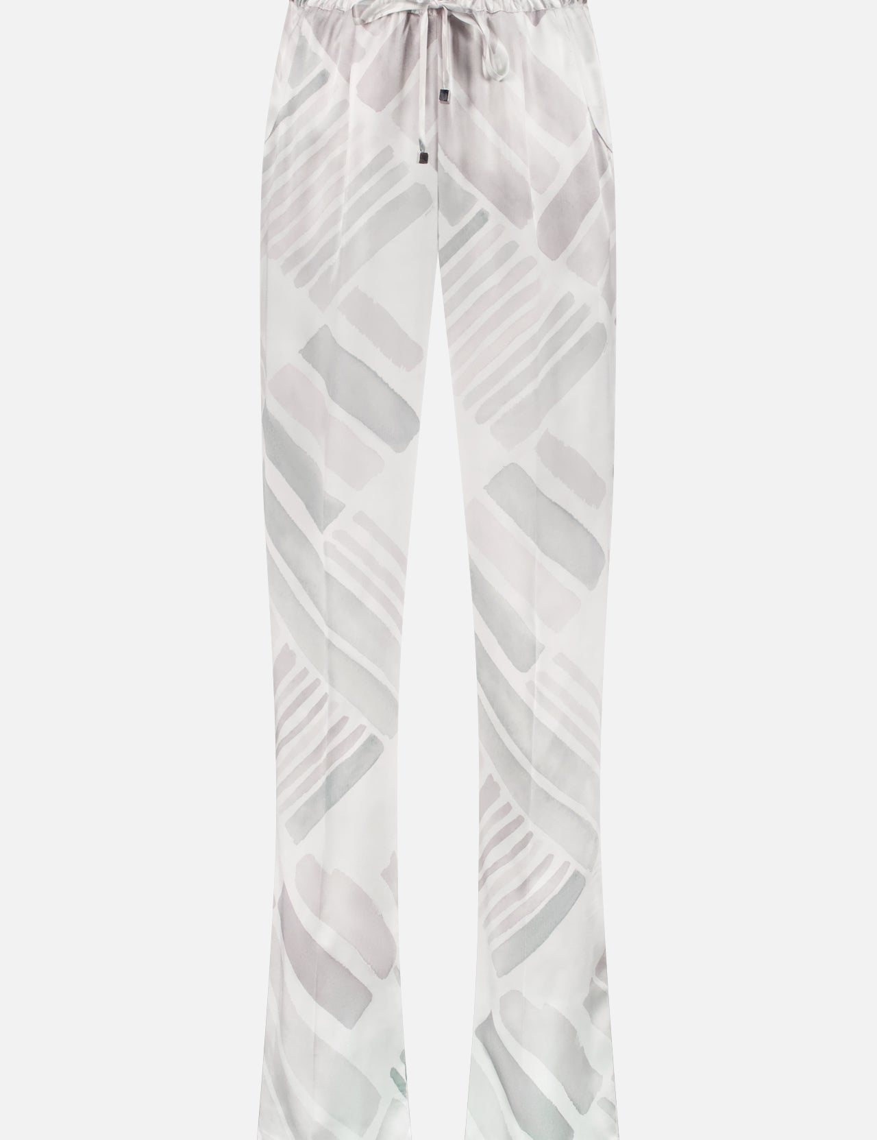 KITON Silk Ethnic Brush Print Trousers feature a relaxed fit in white satin with light grey and beige abstract designs, plus an elastic drawstring waistband for comfort and style.
