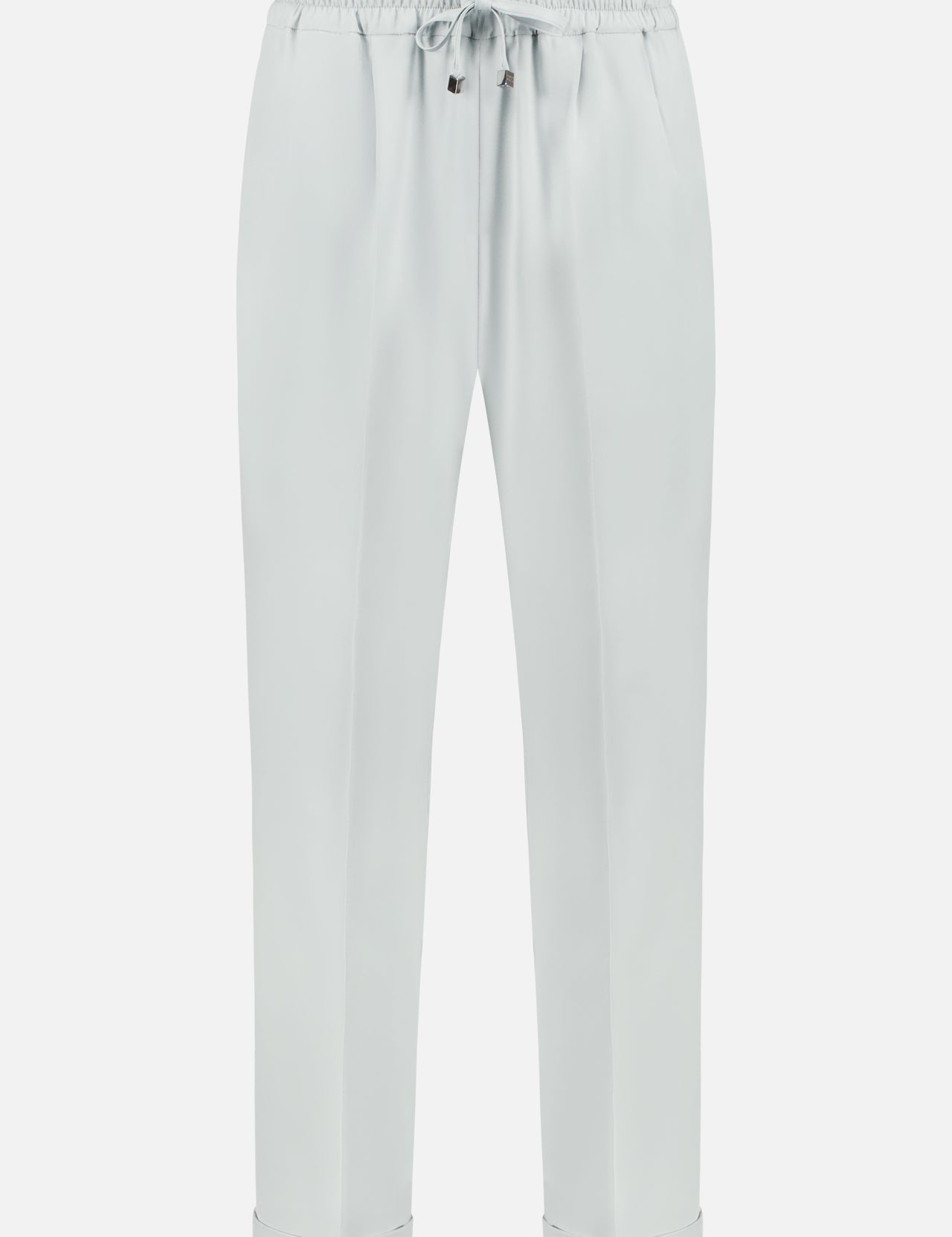 The KITON Stretch Silk Drawstring Trousers feature a light grey hue, relaxed fit, elastic waist with metal-tipped ties, side pockets, and cuffed hems, shown against a plain white background.