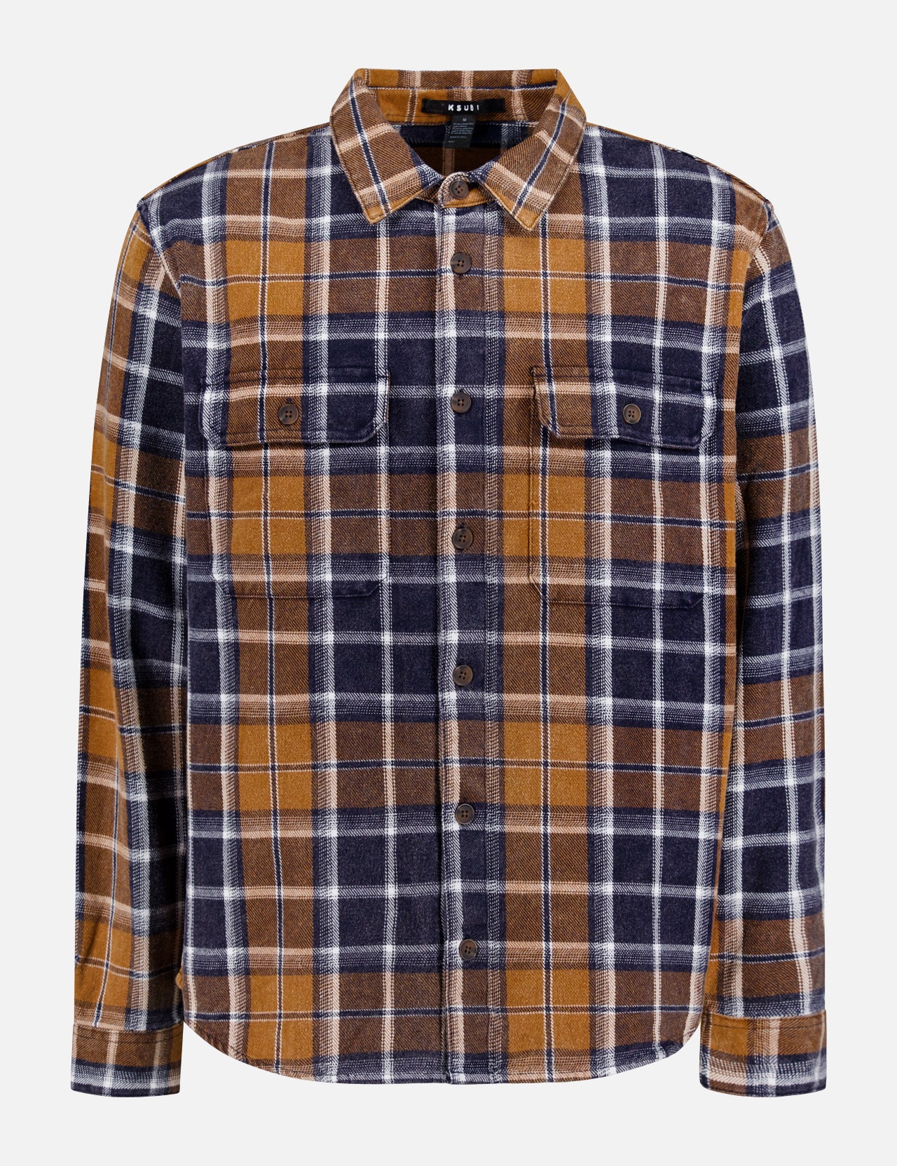The KSUBI 1999 Rosebowl Long Sleeve Plaid Shirt features a button-up front, collar, chest flap pockets, and buttoned cuffs in mustard yellow, navy blue, and white for a classic look.