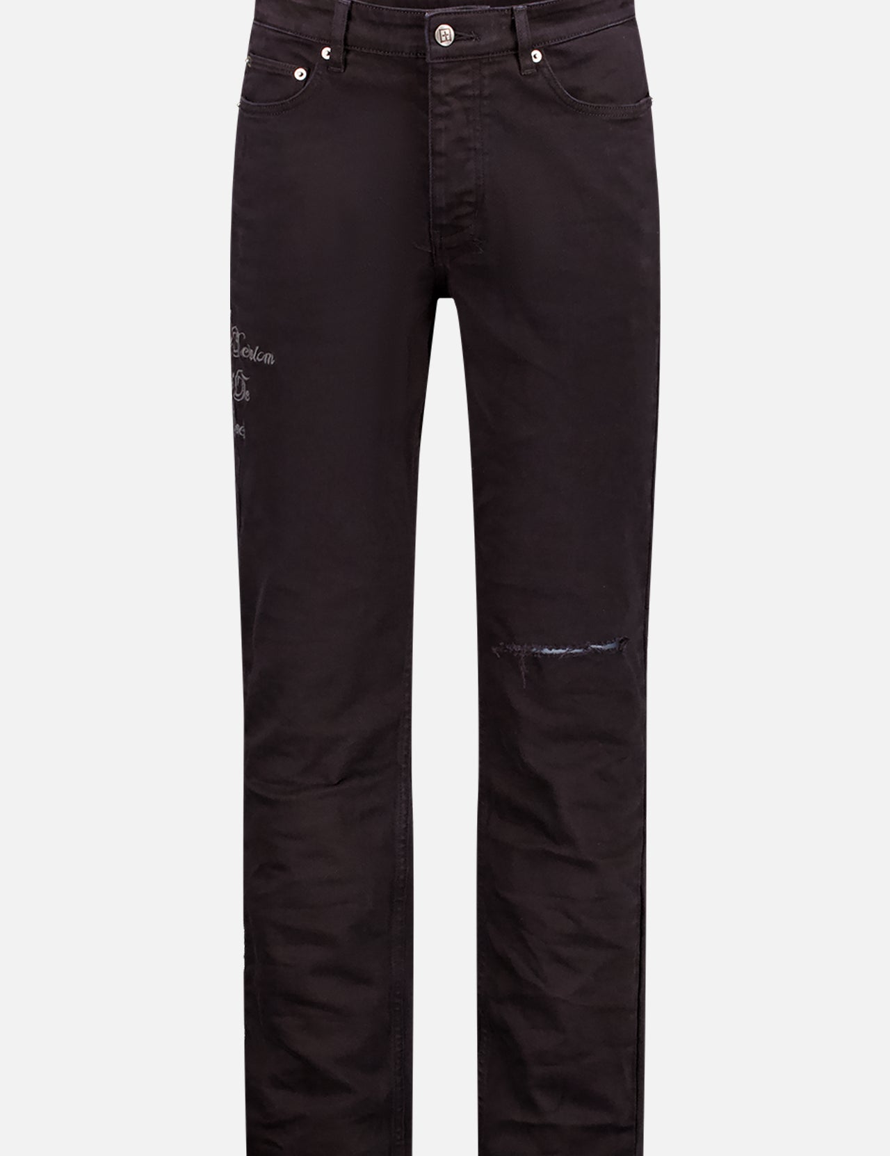 The KSUBI Chitch Ghosted Lock Up Jeans are black men’s straight-leg jeans with subtle distressing, slight right knee tears, front and back pockets, and silver button and rivet accents.