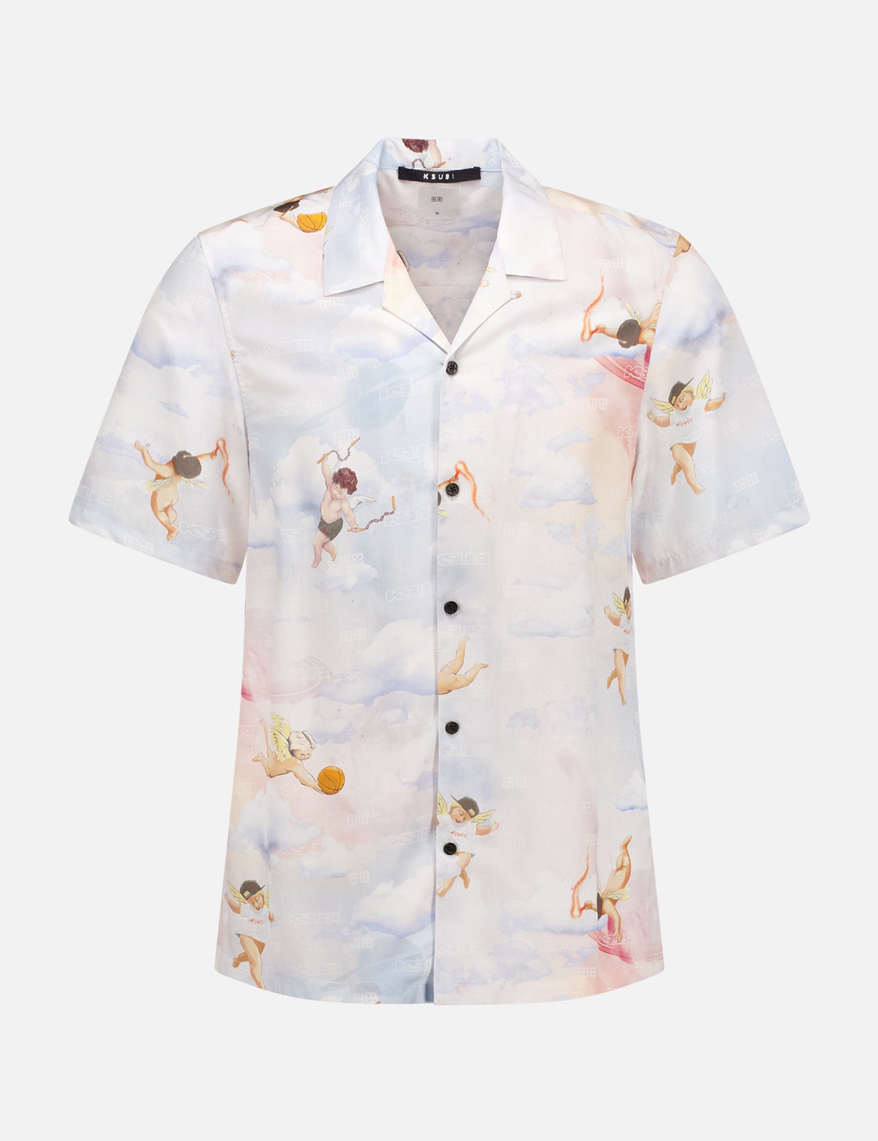 The KSUBI Dreamers Resort Short Sleeve Shirt is a lightweight tencel piece in pale blue with a cloudy white background, adorned with playful cherub angel prints in various poses.