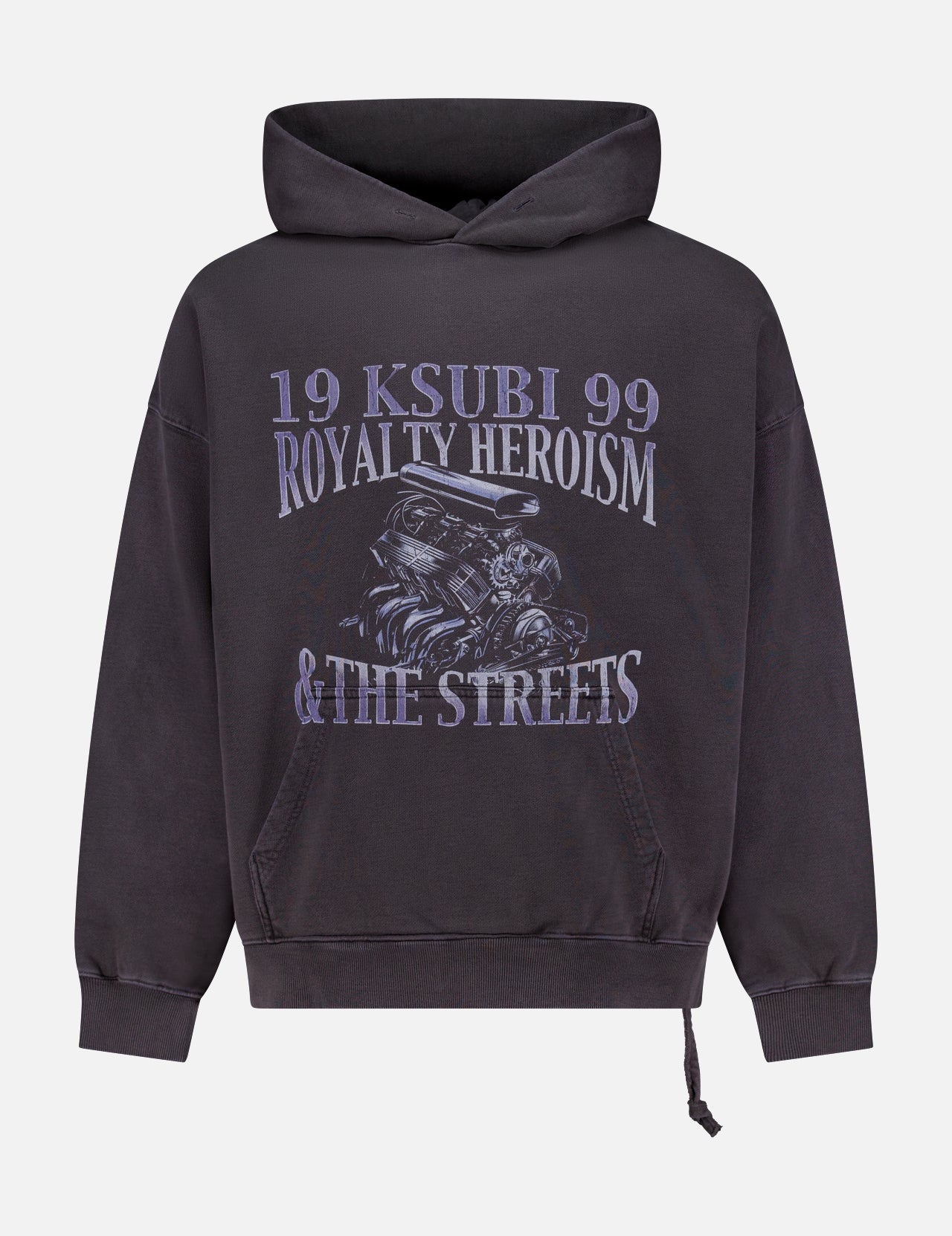 The KSUBI Engine Ekcess Oversized Hoodie is a black loopback fleece sweatshirt with a front pocket, bold purple "19 Ksubi 99 Royalty Heroism & The Streets" text, and a roaring tiger graphic at the center.