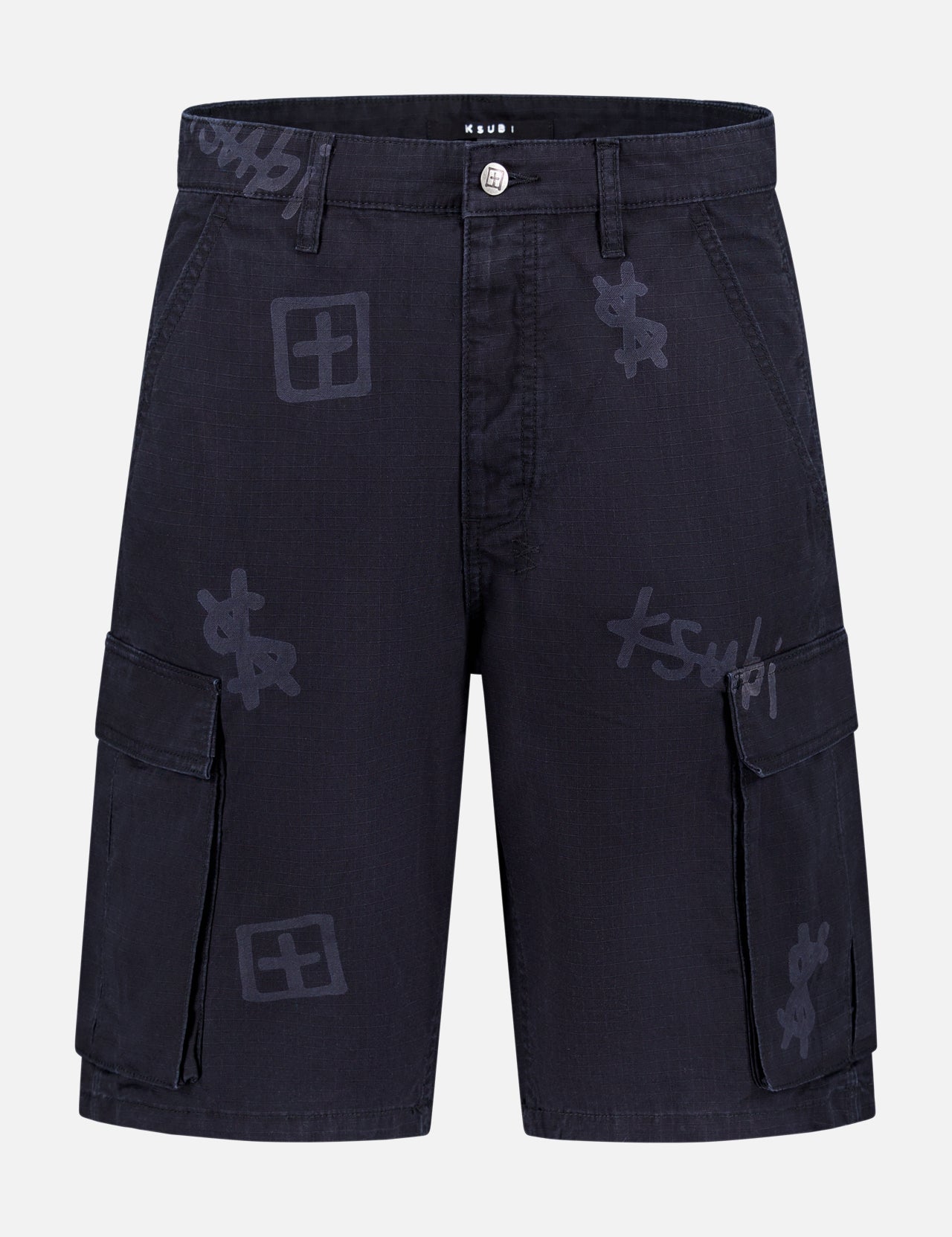 The KSUBI Fugitive Relaxed Cargo Short features black cargo styling with side flap pockets, belt loops, and a button closure. Subtle abstract and graffiti-style prints in darker black add a unique touch to these relaxed fit shorts.