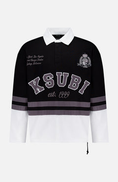 The KSUBI Duke Rugby Long Sleeve Jersey Shirt features black, white, and gray panels with a white collar, "KSUBI est. 1999" on the front, scripted city names above the left chest, and a crest on the right for a collegiate-inspired look.