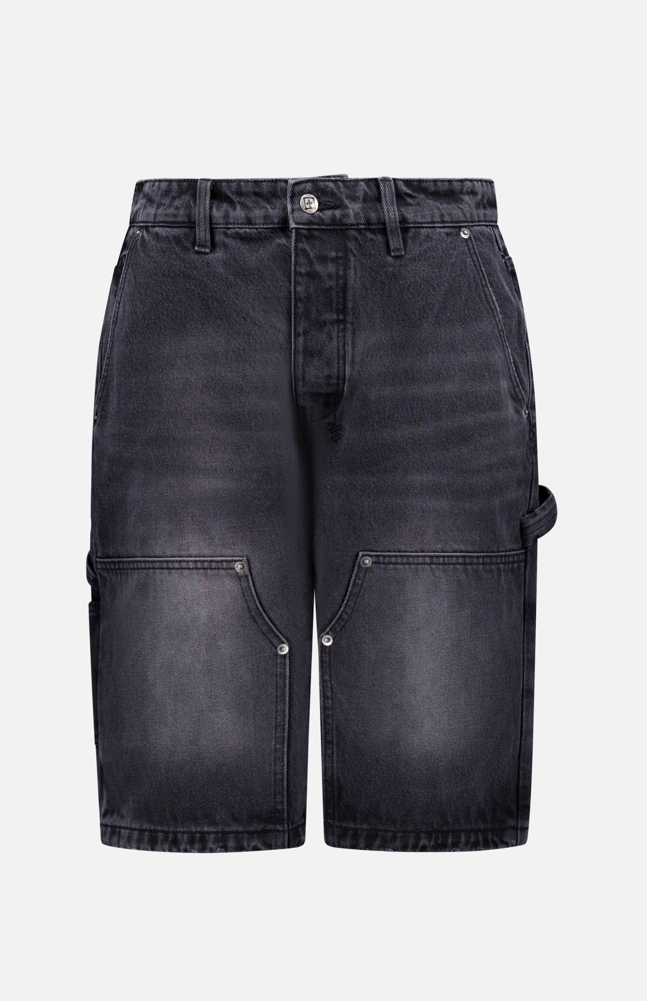 Front view of the KSUBI Maxx Operator Jean Shorts in black denim, featuring wide-leg styling, belt loops, metal button closure, side and carpenter pockets with rivet details.