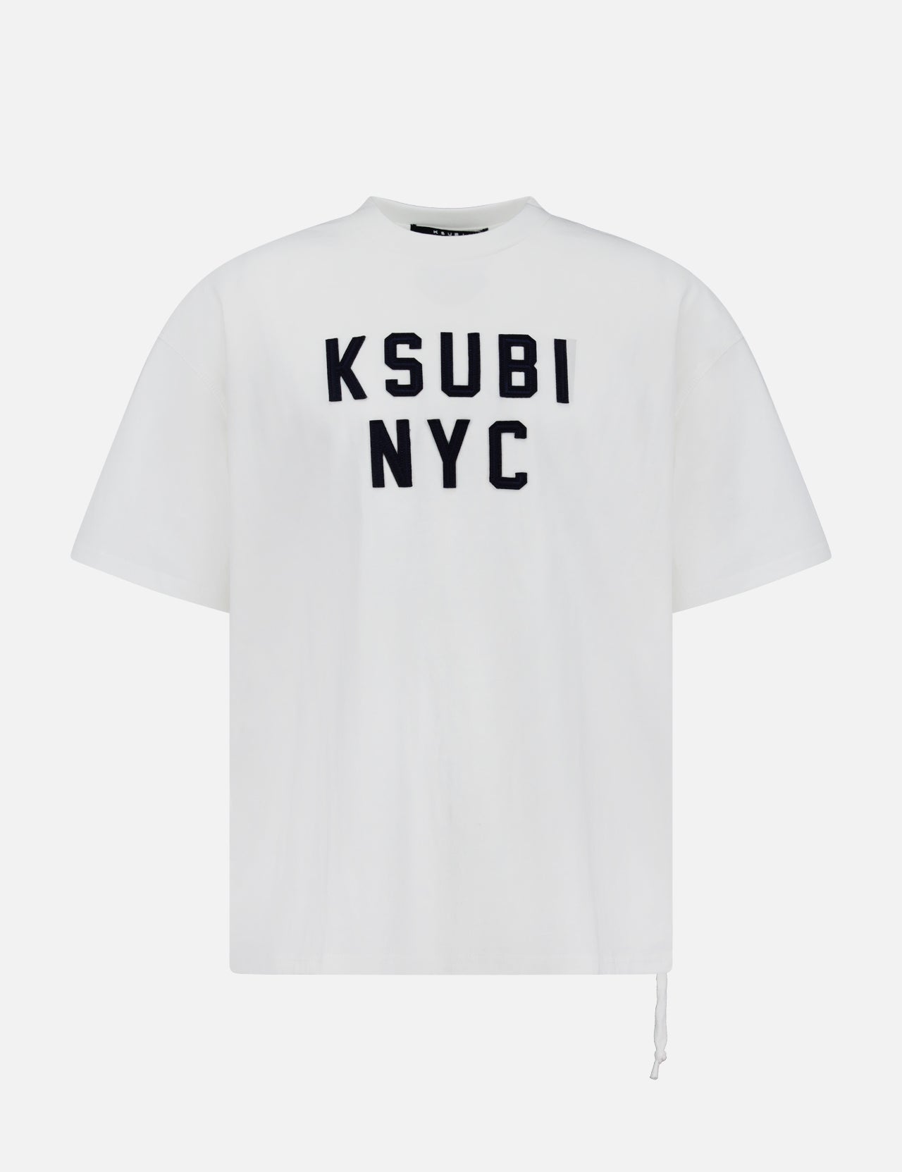 The KSUBI NYC Ekcess Short Sleeve T-shirt is an oversized white cotton jersey tee with bold black NYC logo artwork on the front, featuring a loose fit and high crew neckline for effortless style.