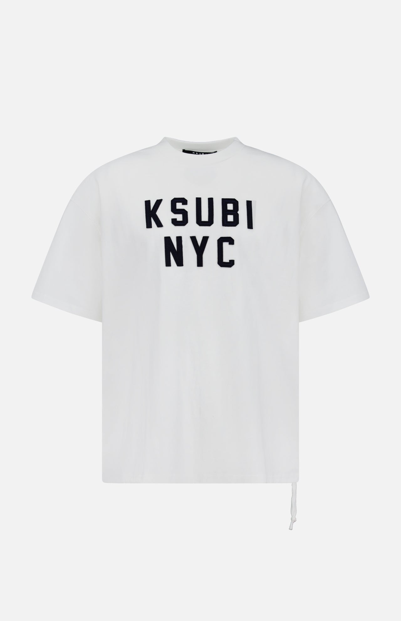 The KSUBI NYC Ekcess Short Sleeve T-shirt is an oversized white cotton jersey tee with bold black NYC logo artwork on the front, featuring a loose fit and high crew neckline for effortless style.