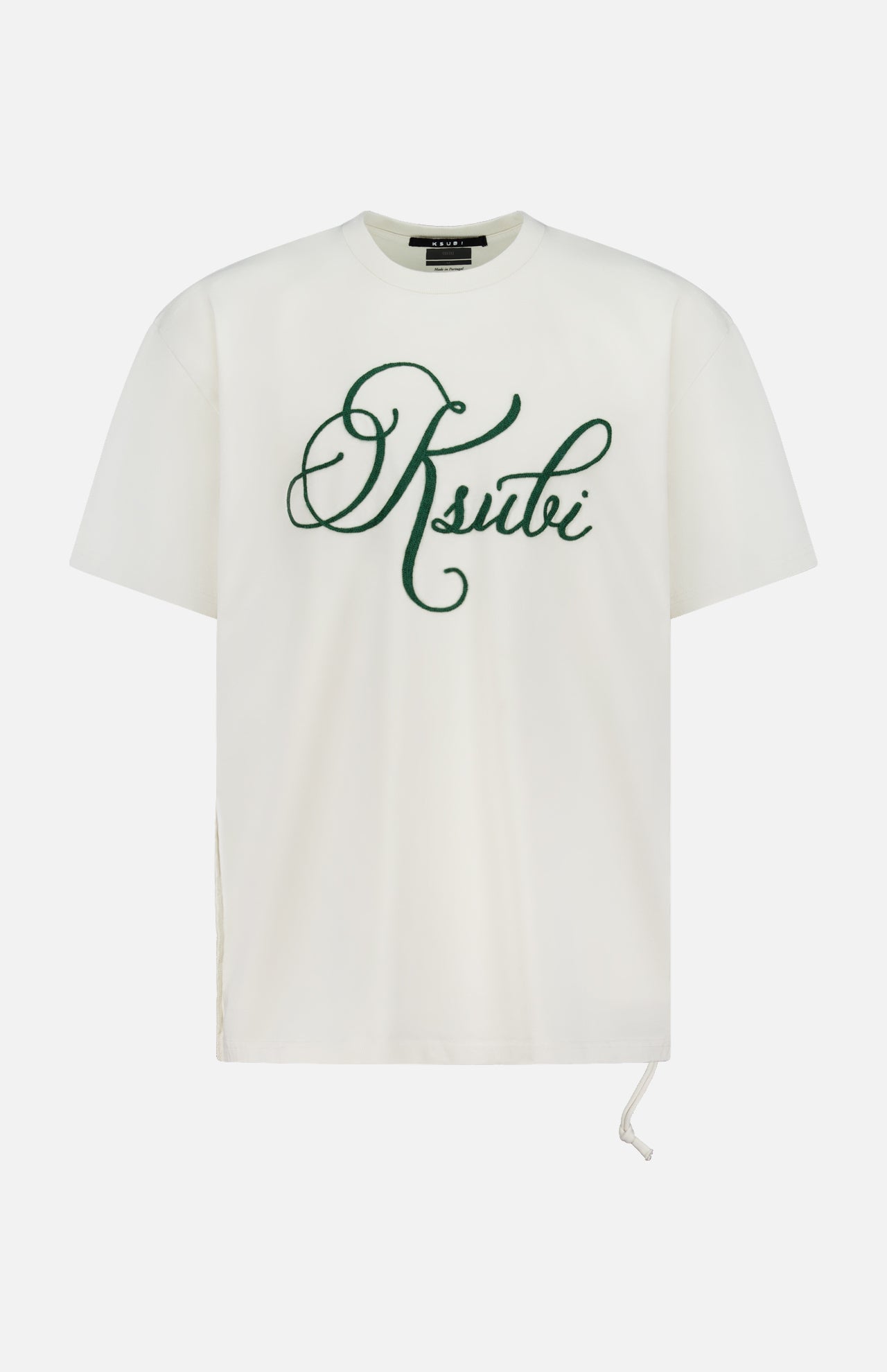 The KSUBI Prestige Biggie Short Sleeve T-shirt in antique white is made from premium cotton jersey and features large green cursive "Ksubi" lettering on the chest with a drawstring detail at the lower right side.
