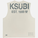 Back view of the KSUBI State Halen Cut Off T-shirt: an oversized sleeveless off-white tee with bold, faded “KSUBI EST. 1999” text and graphic on the upper back, plus small cross logos near the bottom hem.