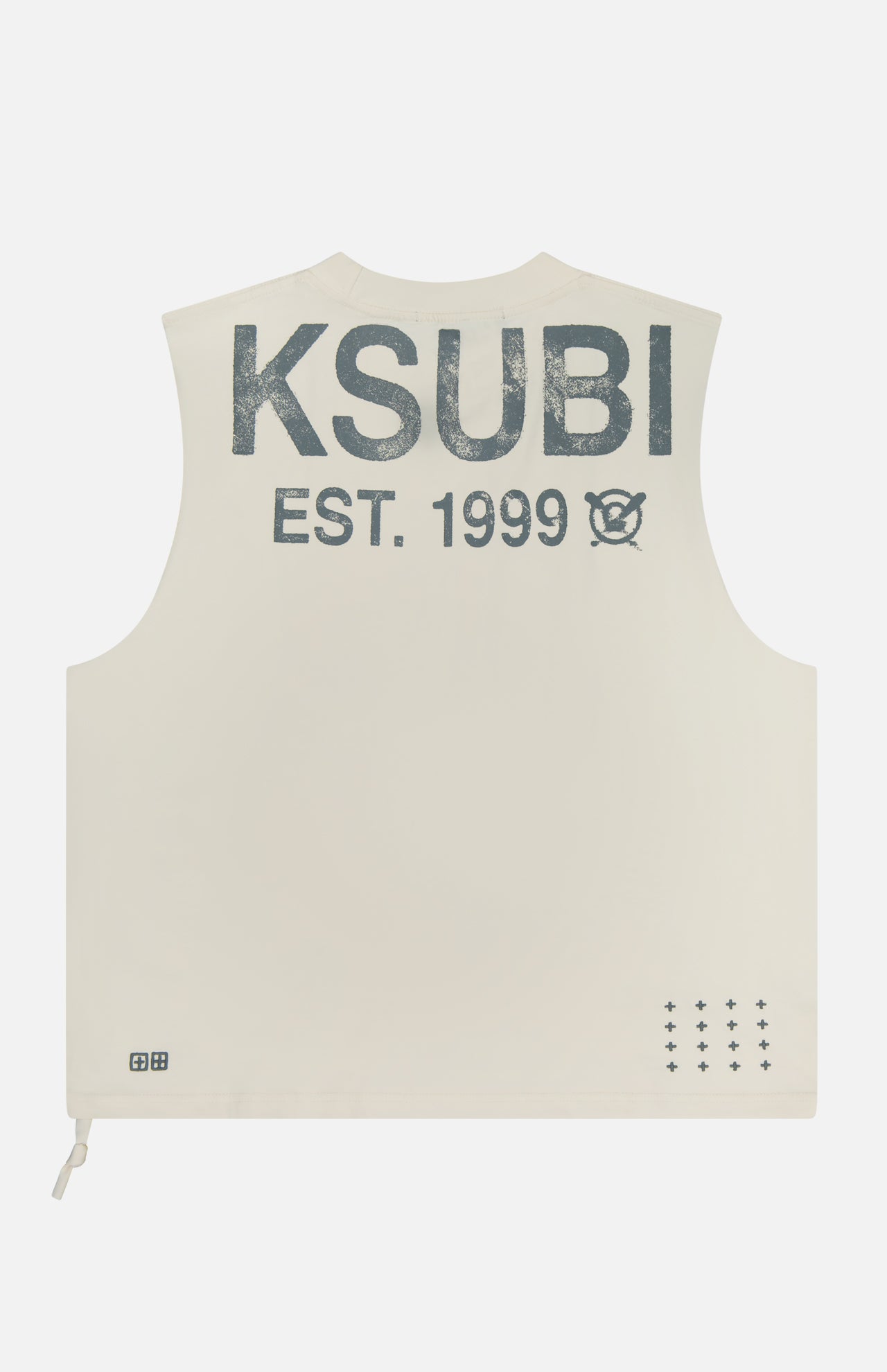 Back view of the KSUBI State Halen Cut Off T-shirt: an oversized sleeveless off-white tee with bold, faded “KSUBI EST. 1999” text and graphic on the upper back, plus small cross logos near the bottom hem.