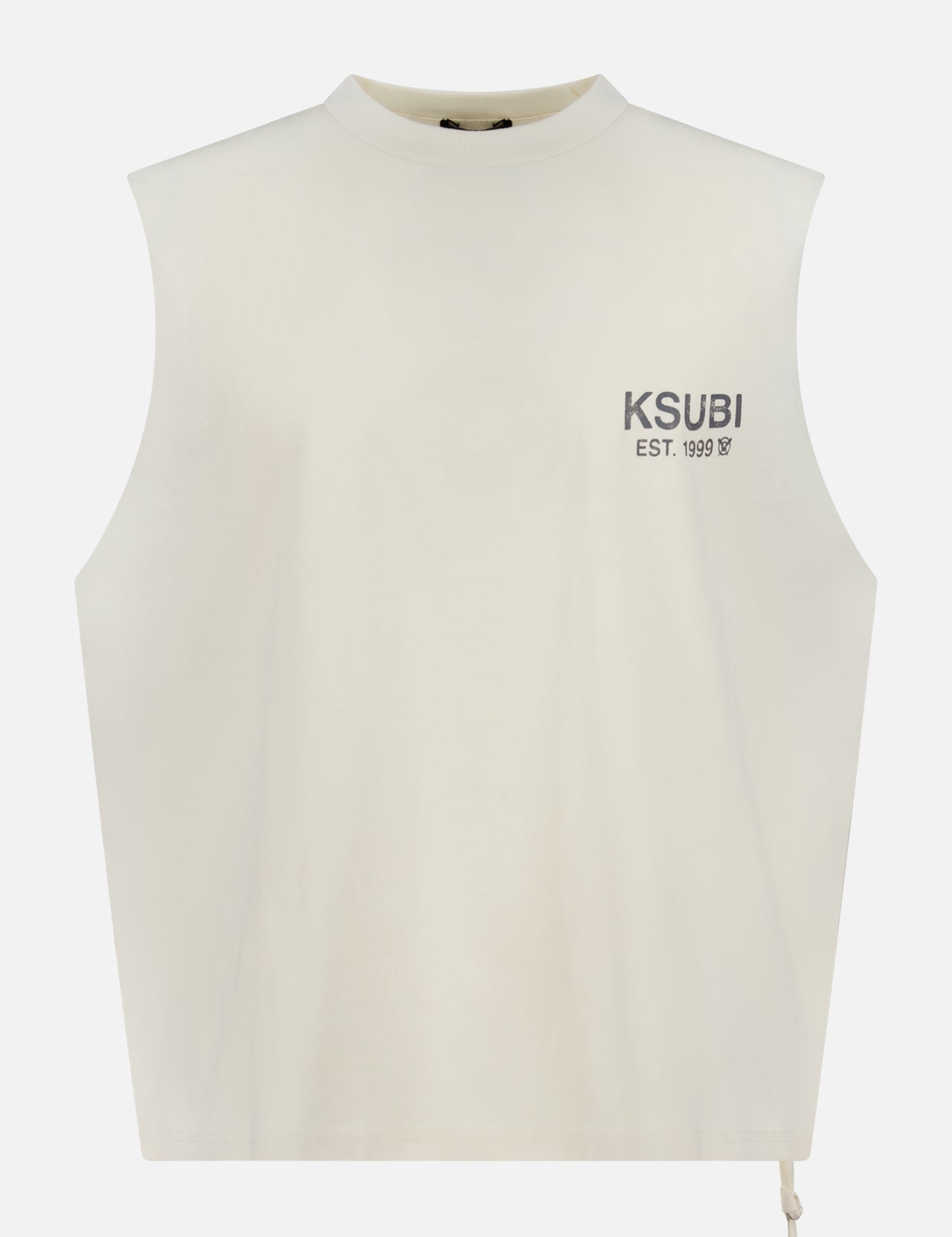 The KSUBI State Halen Cut Off T-shirt is an off-white, oversized sleeveless tee with a high crew neck, "KSUBI EST. 1999" in gray on the chest, a boxy fit, and a small drawstring at the right hem.