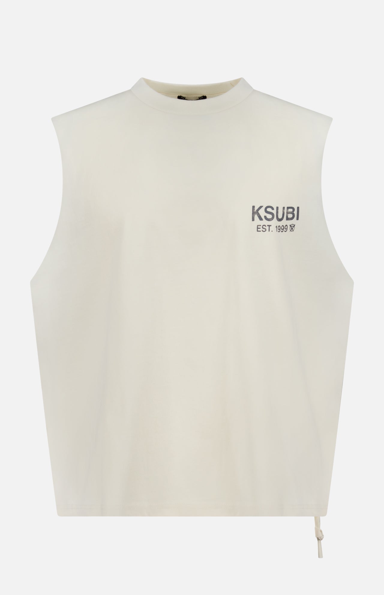 The KSUBI State Halen Cut Off T-shirt is an off-white, oversized sleeveless tee with a high crew neck, "KSUBI EST. 1999" in gray on the chest, a boxy fit, and a small drawstring at the right hem.