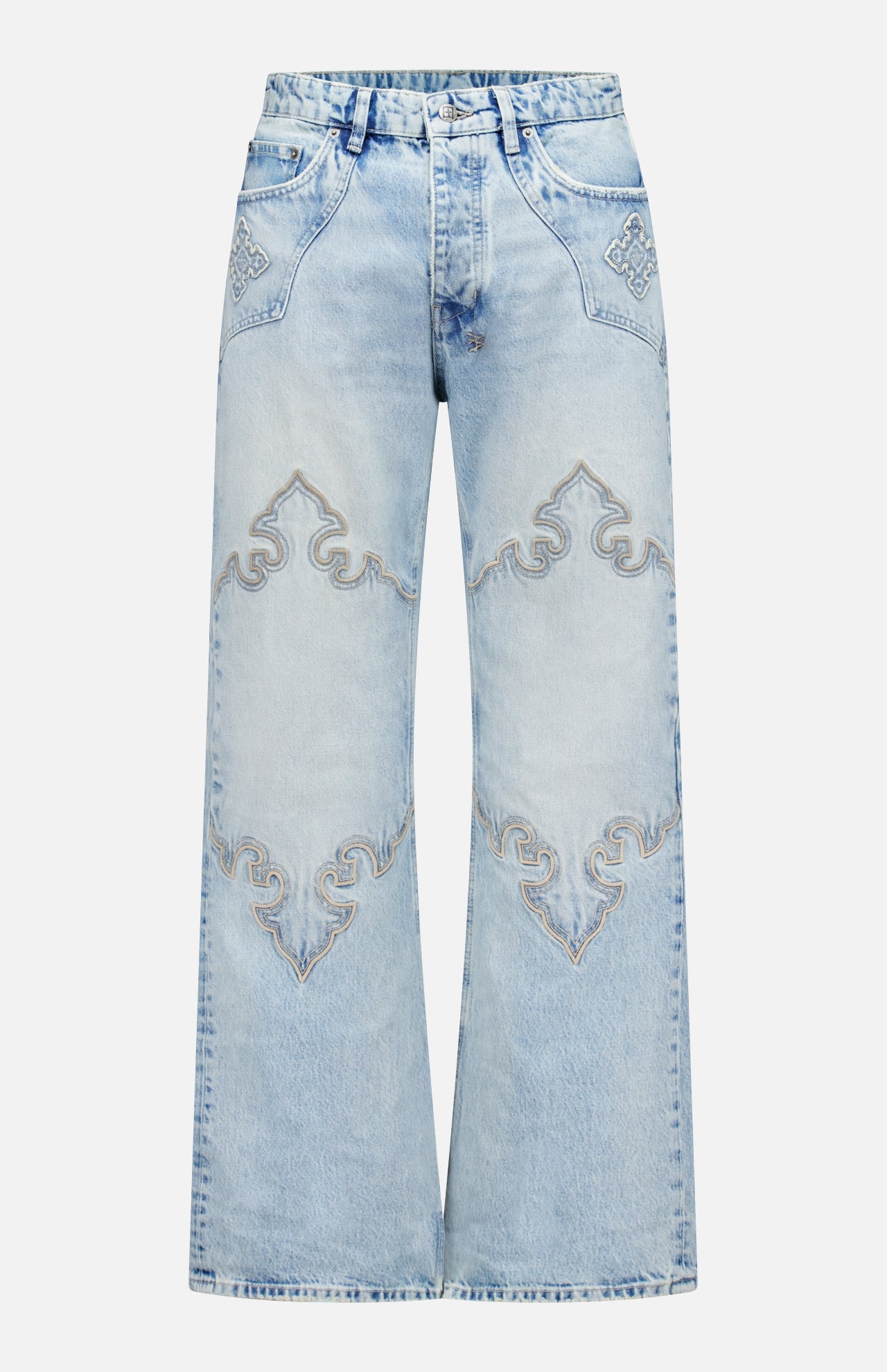 The KSUBI Toro Western Knee Paneling Jeans feature a light blue, wide-leg silhouette with decorative embroidered stitching on the front, showcasing curved designs above the knees and on the pockets for a vintage, faded look.