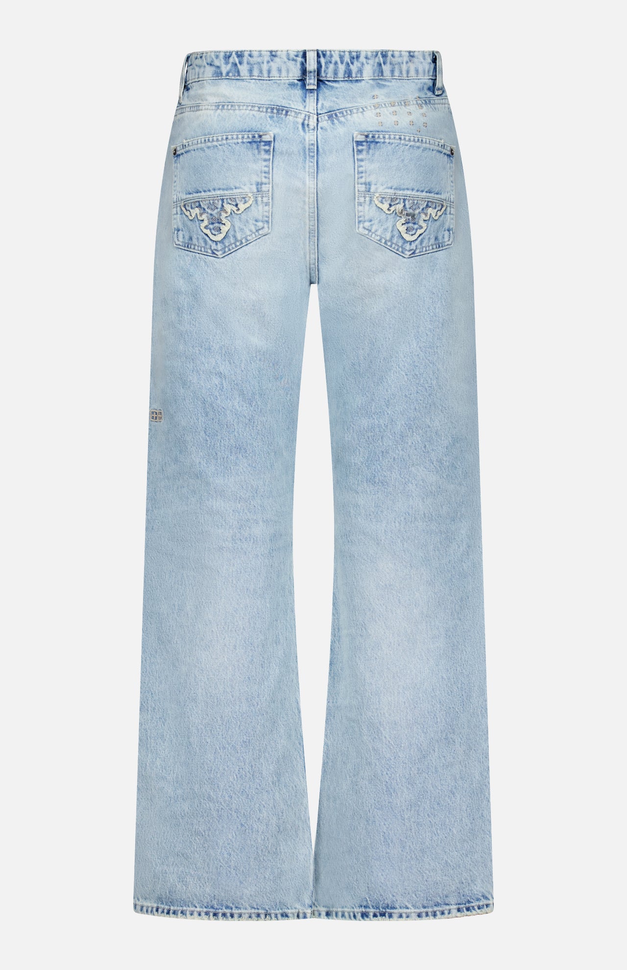 The KSUBI Toro Western Knee Paneling Jeans are shown from the back in a light blue denim wash, featuring two rear pockets with stitching detail and lightly faded fabric inspired by classic western jeans for a timeless look.