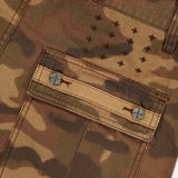 Featuring a cargo pocket with metal buttons and a row of small embroidered crosses above, the KSUBI Troop Camouflage Cargo Pant is crafted from durable cotton twill in brown and olive tones—perfect for upgrading your favorite camo look.