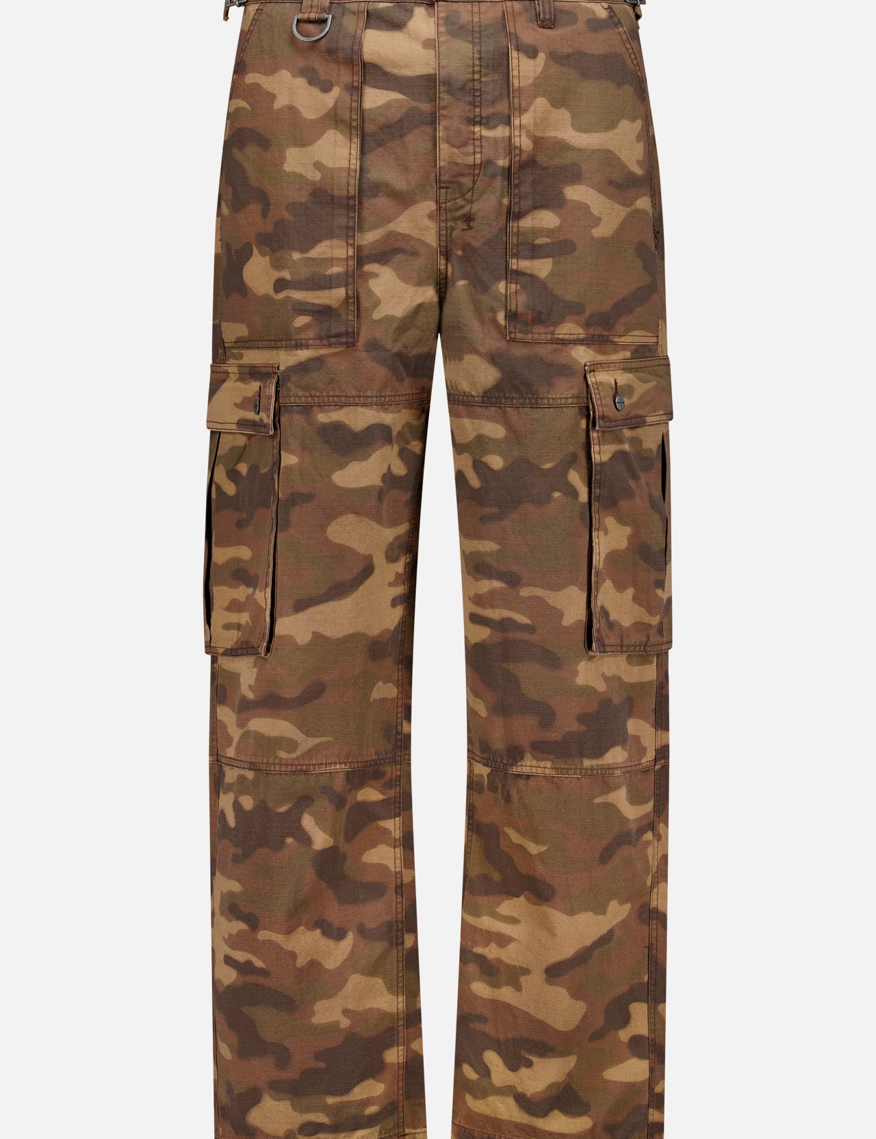 The KSUBI Troop Camouflage Cargo Pant, made from durable cotton twill, features side pockets, a button and zip closure, and adjustable waist tabs, and is displayed on a plain white background.