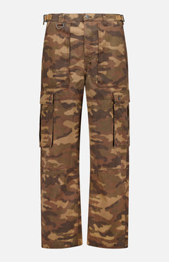 The KSUBI Troop Camouflage Cargo Pant, made from durable cotton twill, features side pockets, a button and zip closure, and adjustable waist tabs, and is displayed on a plain white background.