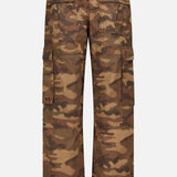 Back view of the KSUBI Troop Camouflage Cargo Pant in brown cotton twill, featuring side pockets, flap pockets on the back, belt loops, and adjustable waist tabs.