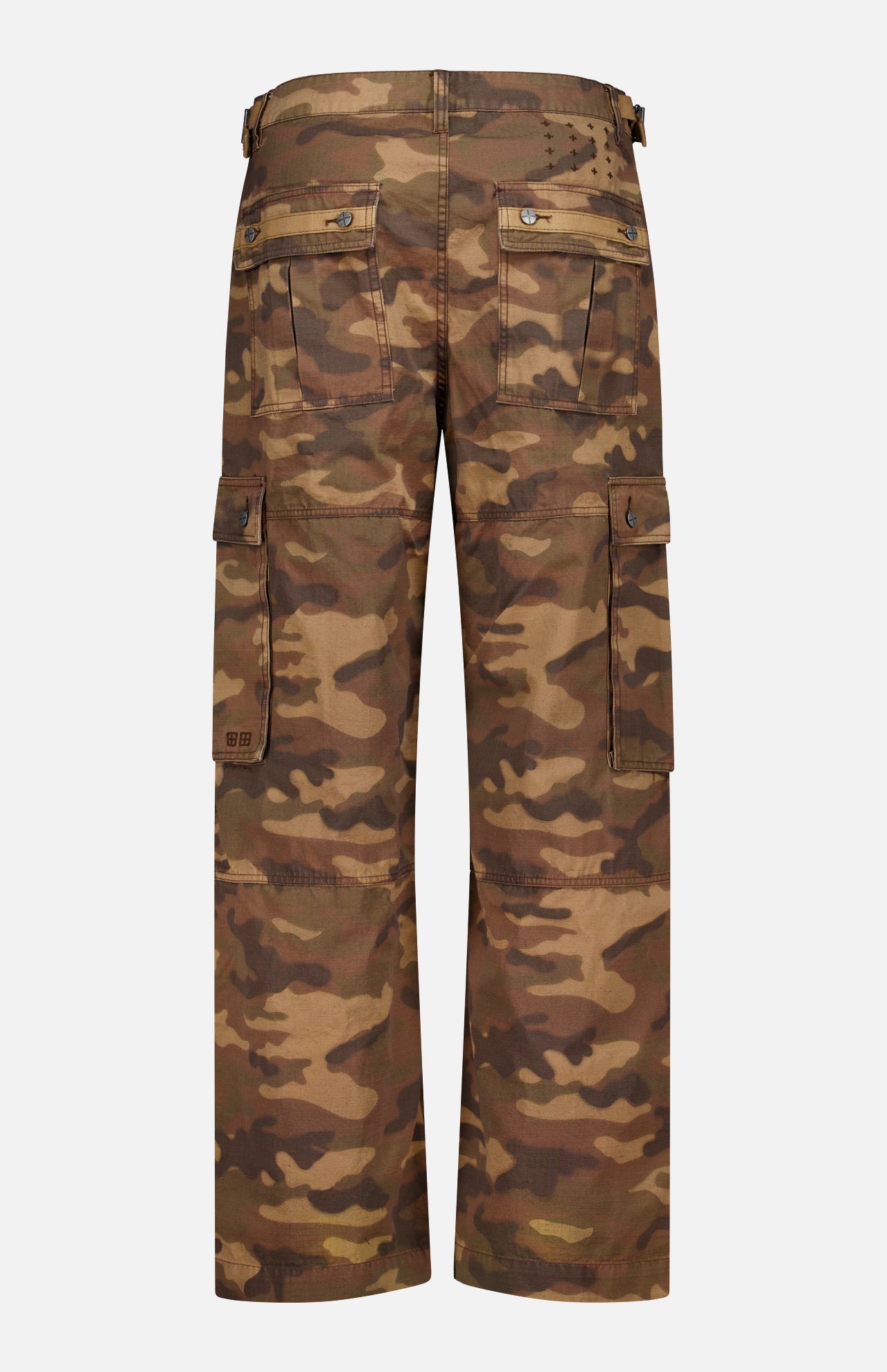 Back view of the KSUBI Troop Camouflage Cargo Pant in brown cotton twill, featuring side pockets, flap pockets on the back, belt loops, and adjustable waist tabs.