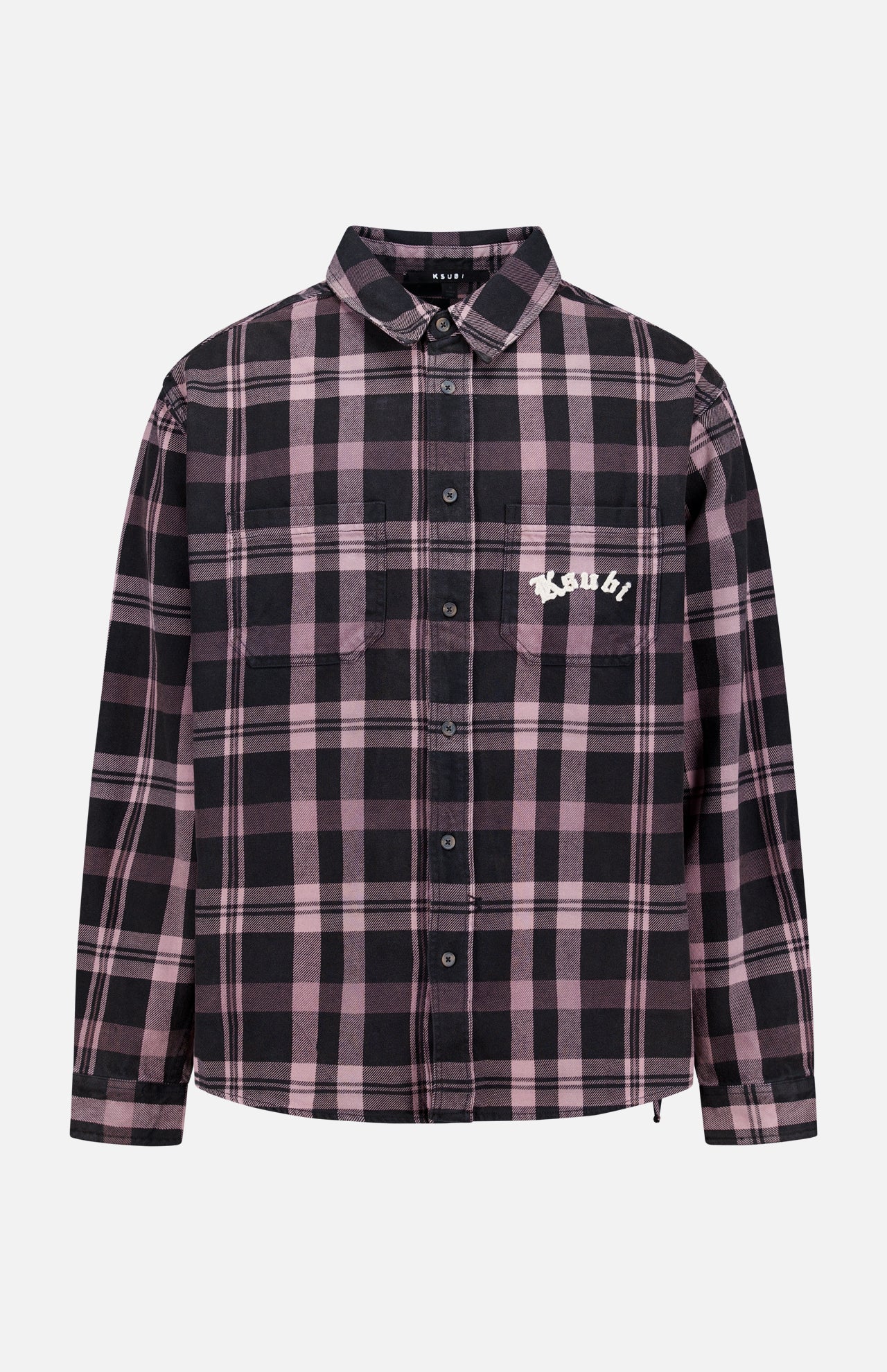 The KSUBI Vulture Flannel Long Sleeve Shirt features an oversized fit, pink, pale purple, and black plaid pattern, chest pocket, and small white embroidered text on the left chest.
