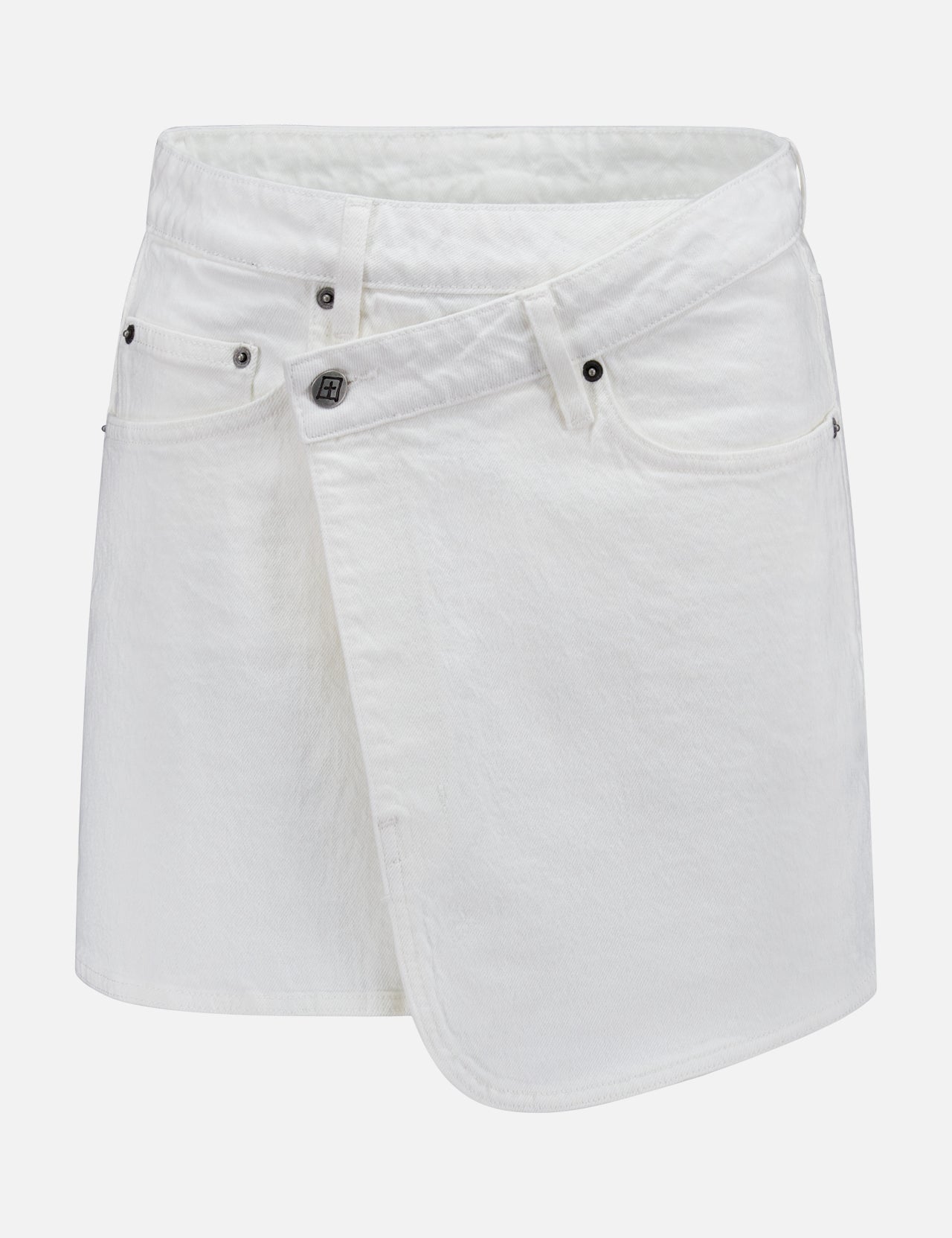 The Rap Curve Denim Skirt by KSUBI is a white mini skirt with an asymmetric wrap design, belt loops, pockets, and a button and zip closure.