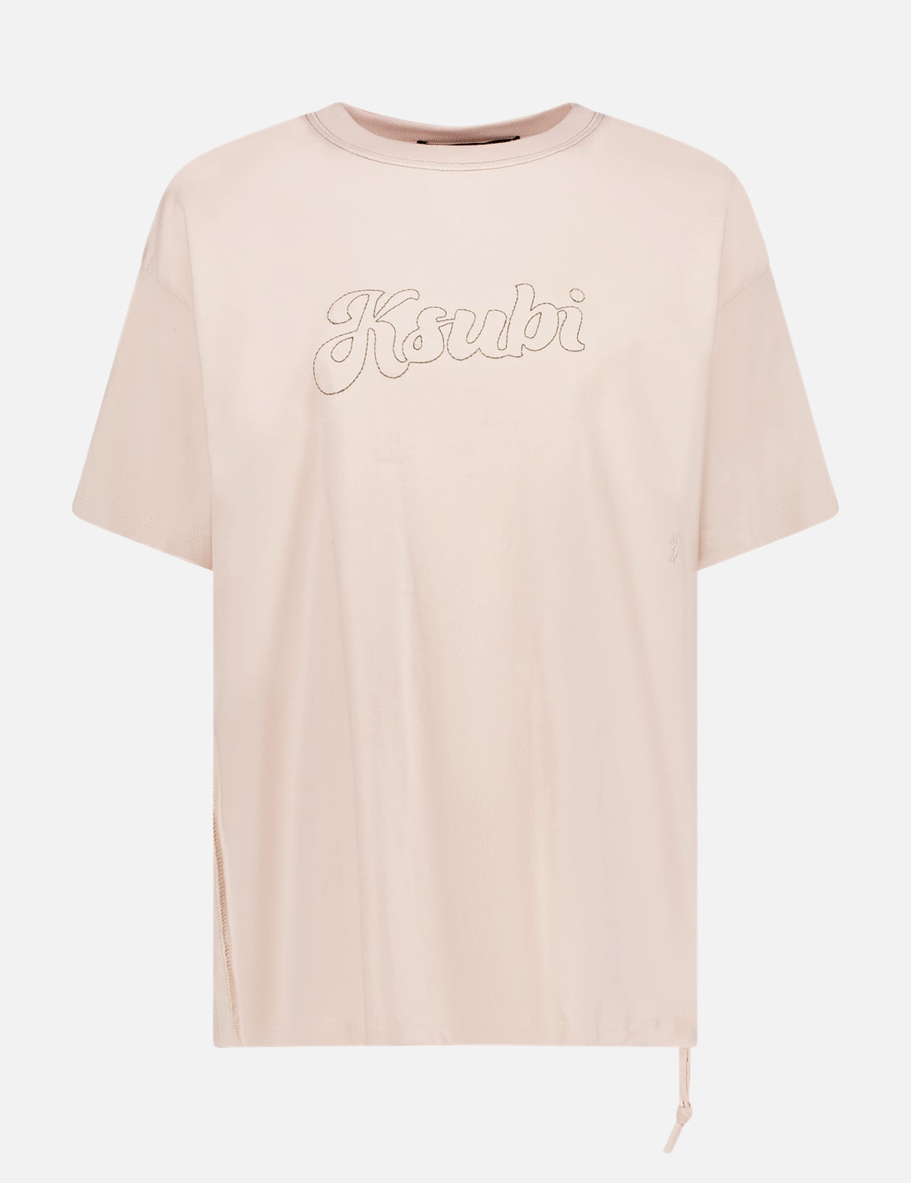 The Sketch Oh G Tee Slice by KSUBI is a light beige oversized tee with "Ksubi" embroidered on the chest, featuring a relaxed fit, vintage wash, and a small adjustable drawstring at the hem for extra style.