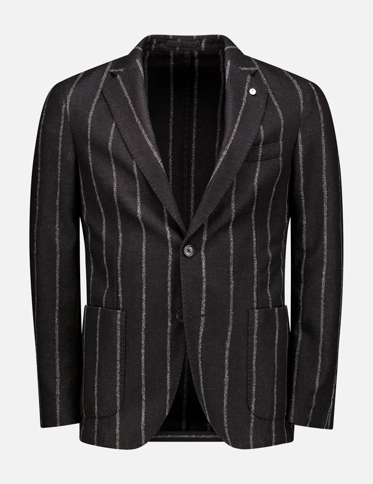 The L.B.M. Jack Sportcoat is a black Italian wool-blend blazer with thin vertical white pinstripes, notched lapel, chest pocket, two front pockets, and single-button closure, shown on a plain white background.