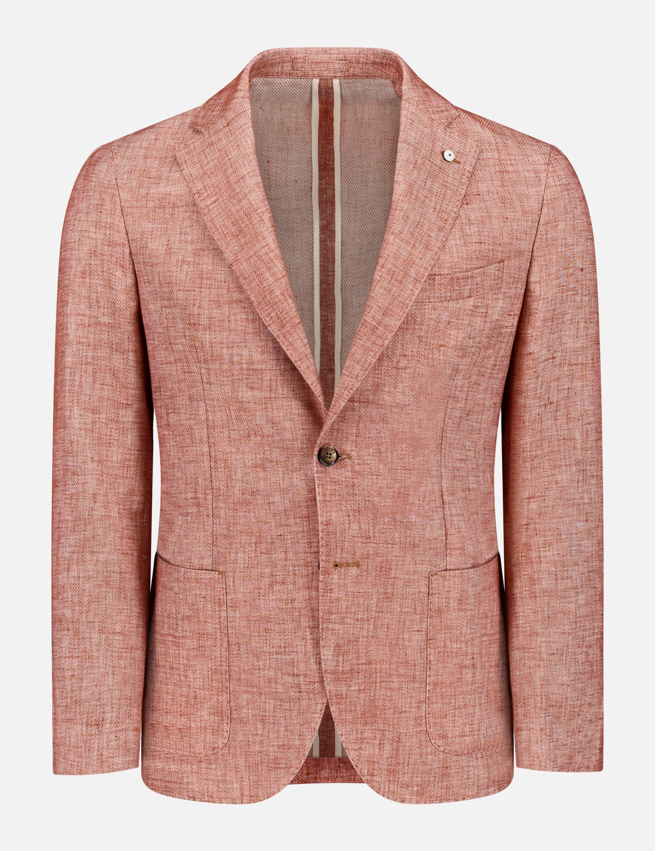 The L.B.M. Cotton and Linen Sportcoat in light brown-red features a notch lapel, two-button closure, patch pockets, and a chest pocket, displayed on a plain white background.