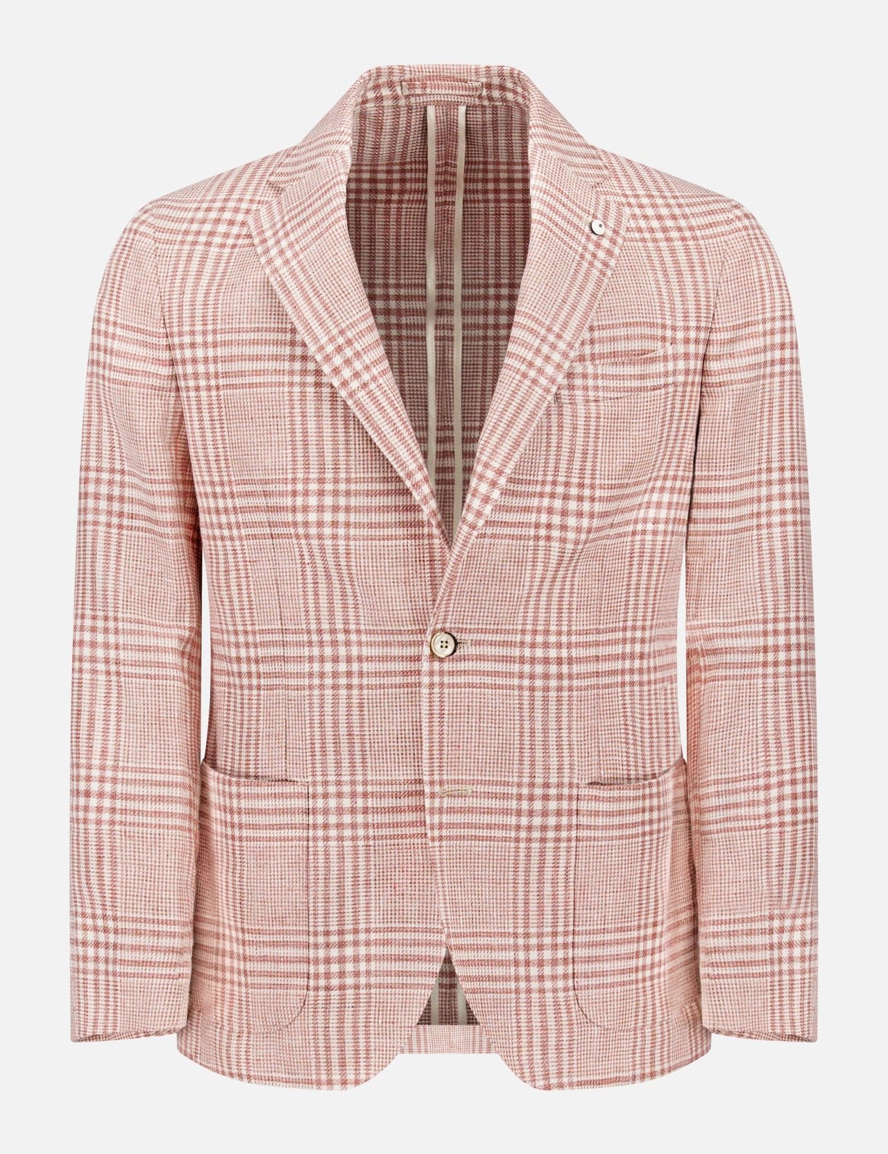 The L.B.M. Plaid Linen Blend Sportcoat is a single-breasted pink plaid jacket with notch lapels, two front patch pockets, and a single button closure, shown against a white background.