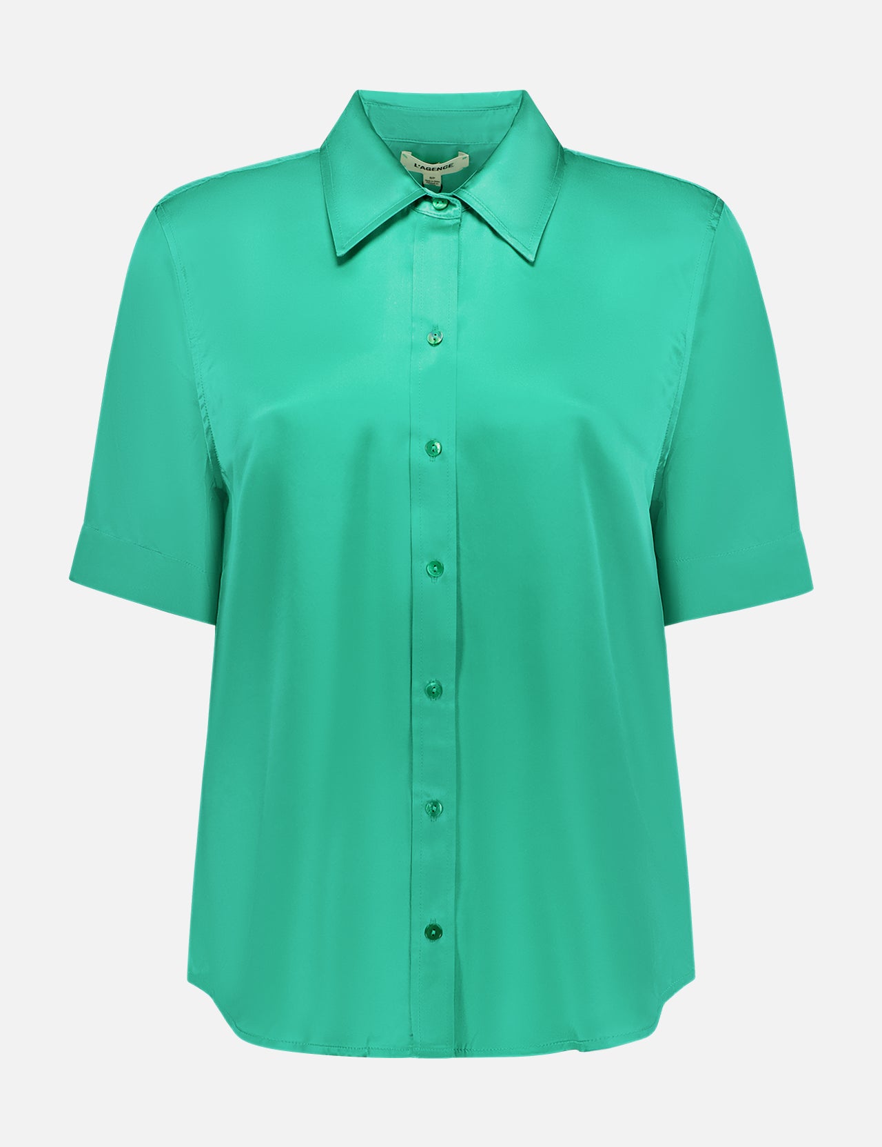 The Ellah Short Sleeve Blouse by L'AGENCE is a shiny teal green silk charmeuse, button-up top with a pointed collar, shown against a plain white background.