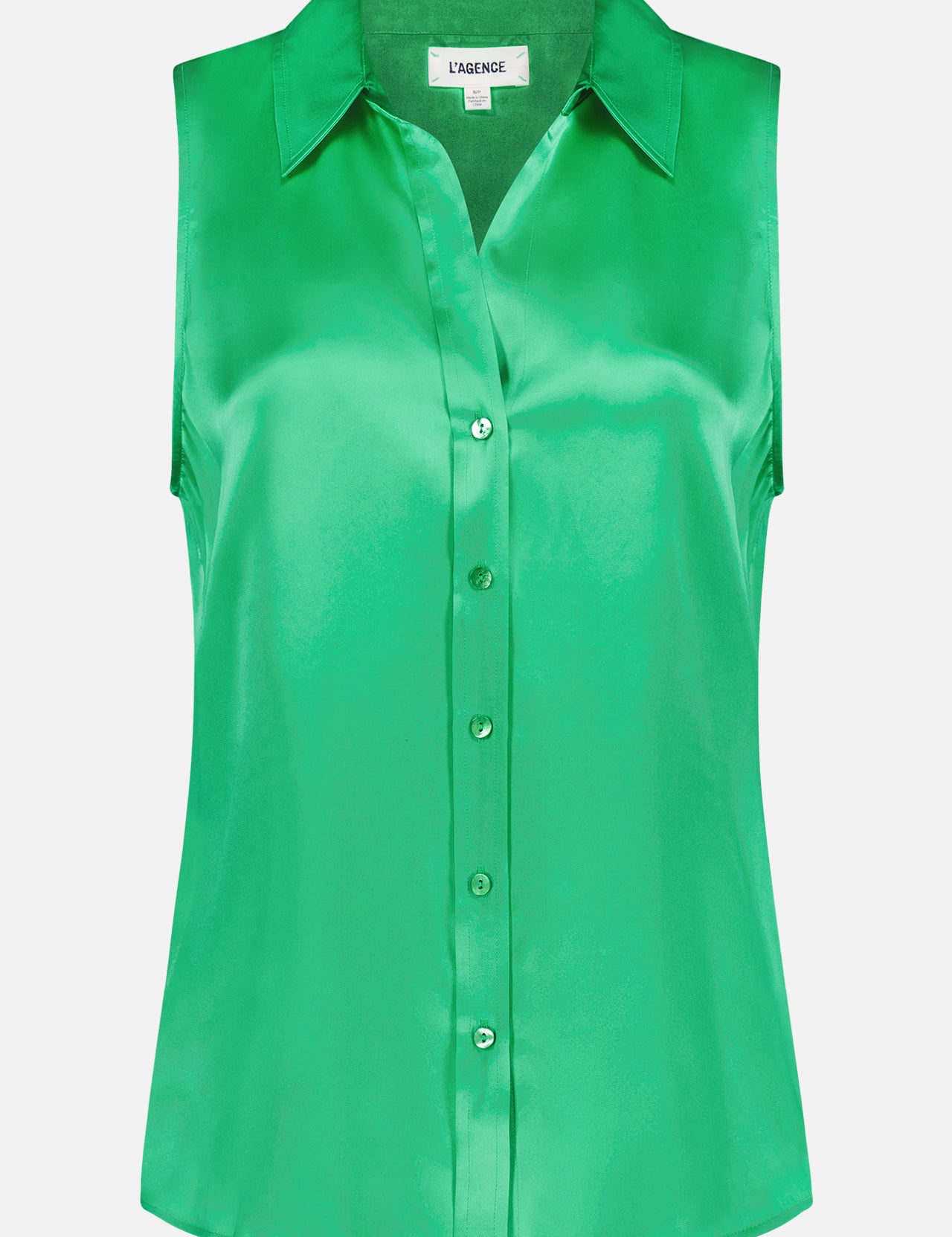 The Emmy Sleeveless Blouse by L'AGENCE features a collared, button-up design in bright green satin silk, shown on a plain white background.