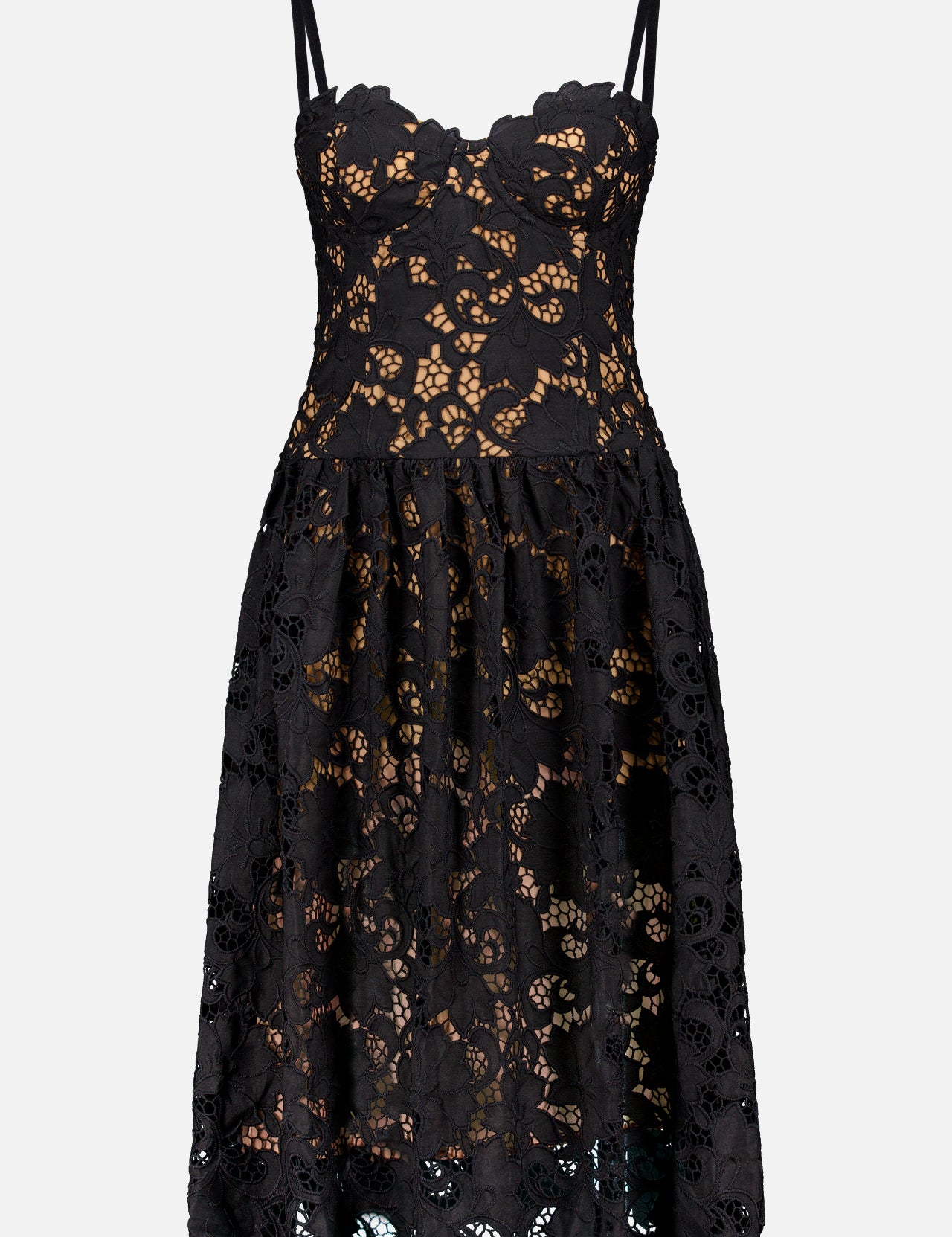 The Flyn Wire Cup Lace Midi Dress by L'AGENCE features a black fit-and-flare silhouette with thin straps, a scalloped sweetheart neckline, floral eyelet lace over a nude underlay, and a slightly flared skirt.