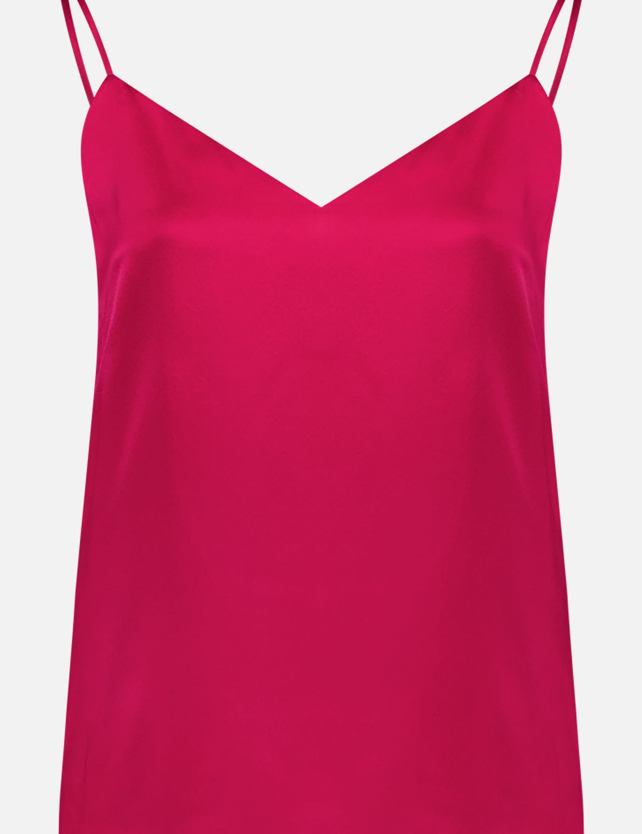 The L'AGENCE Jane Spaghetti Strap Top is a bright pink satin camisole with thin straps and a V-neckline, perfect for women's layering, shown against a white background.