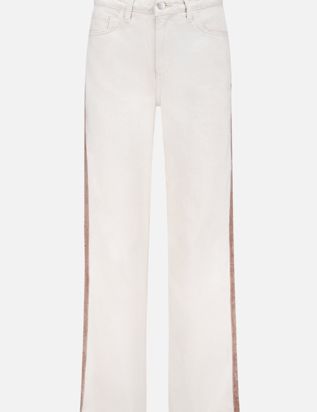 The L'AGENCE Jones Ultra High Rise Stovepipe Pant features a straight-leg, light beige design with brown corduroy side panels, front and back pockets, button closure, and belt loops. Displayed on a white background.